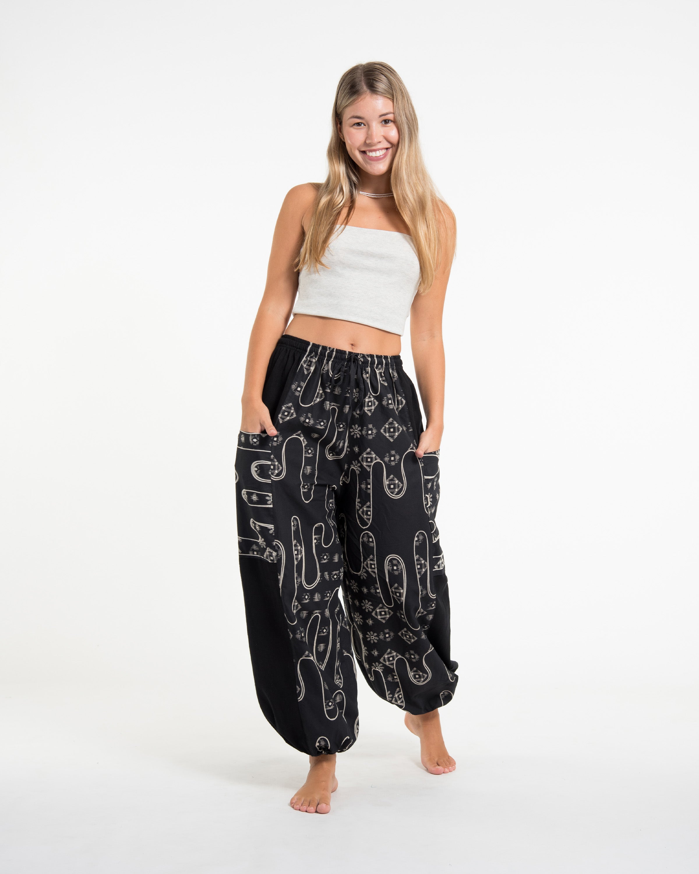 Two Tone Japanese Print Women's Cotton Pants in Black