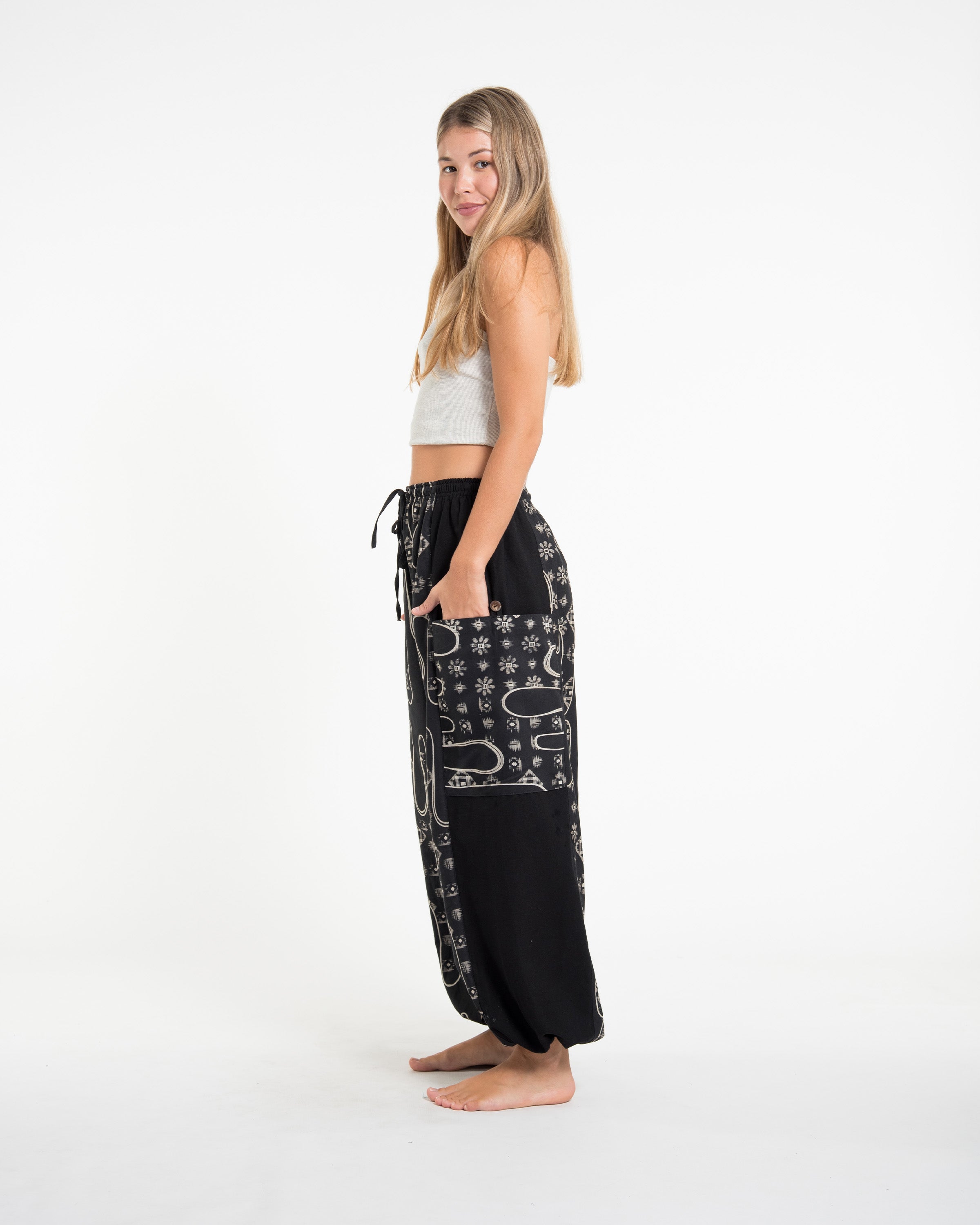 Two Tone Japanese Print Women's Cotton Pants in Black
