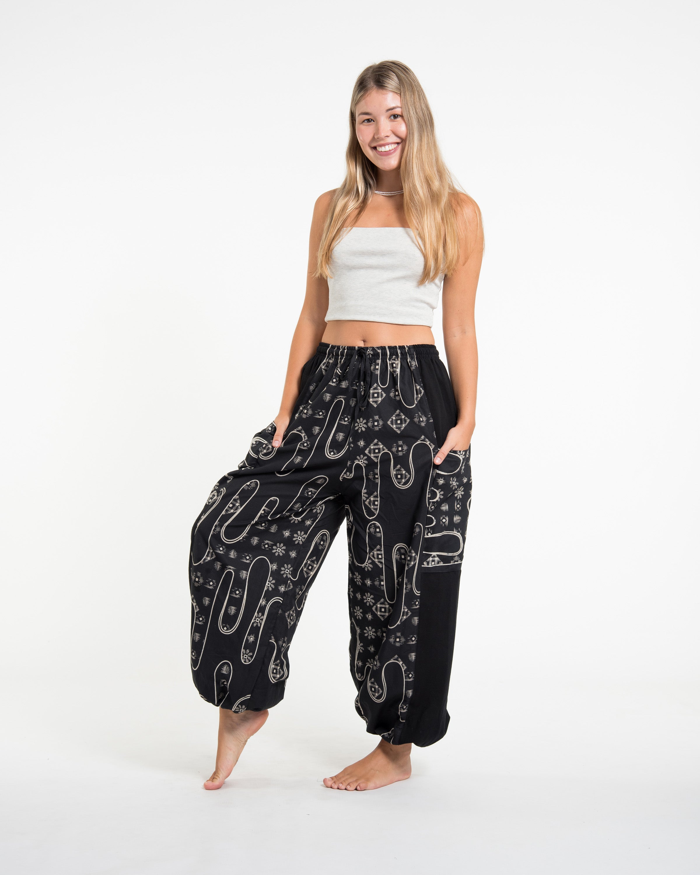 Two Tone Japanese Print Women's Cotton Pants in Black