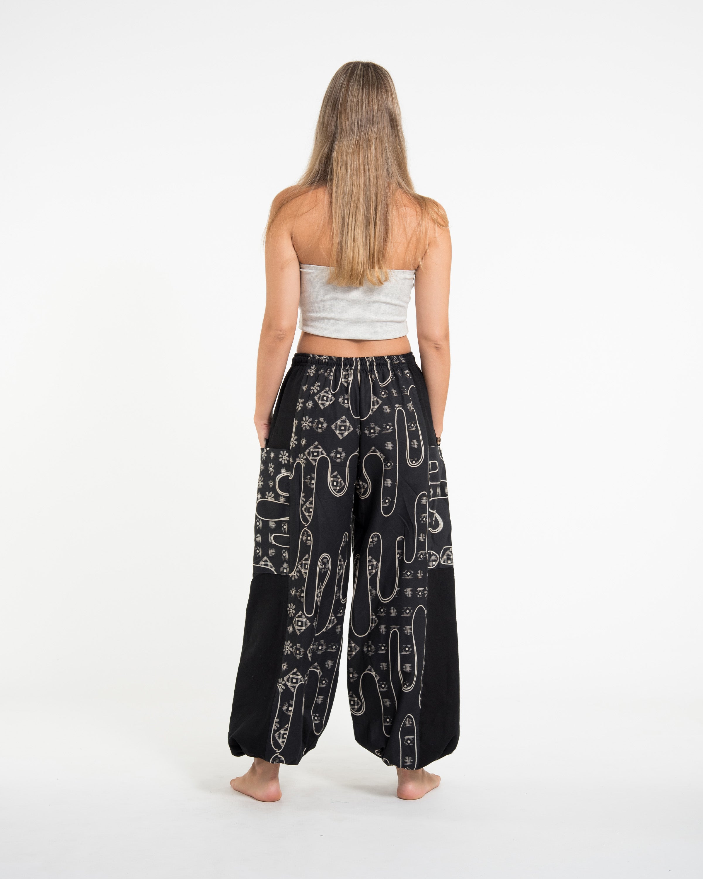Two Tone Japanese Print Women's Cotton Pants in Black