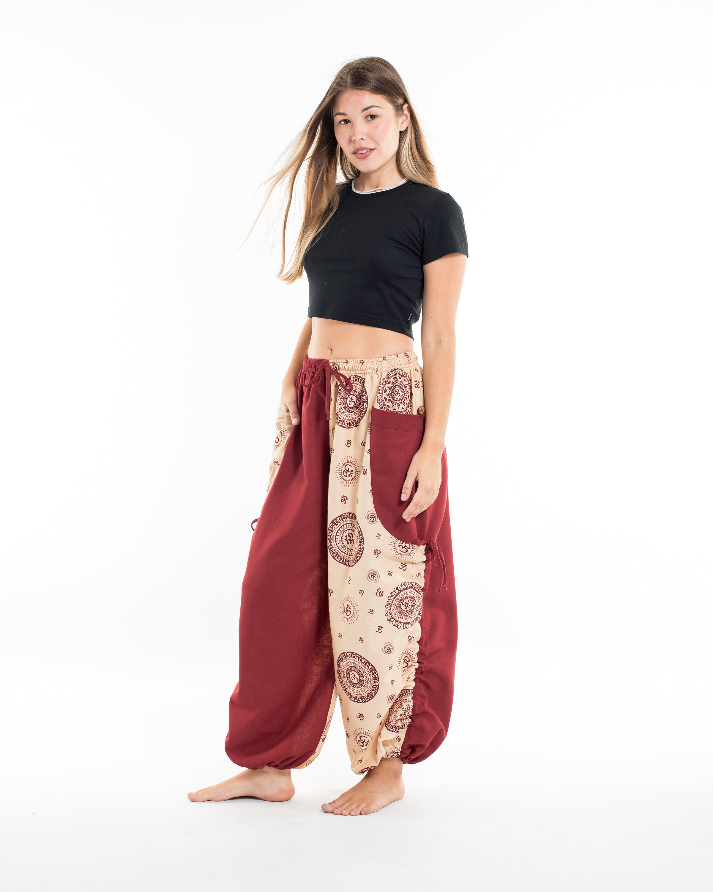Two Tone Om Prints Women's Cotton Pants in Cream