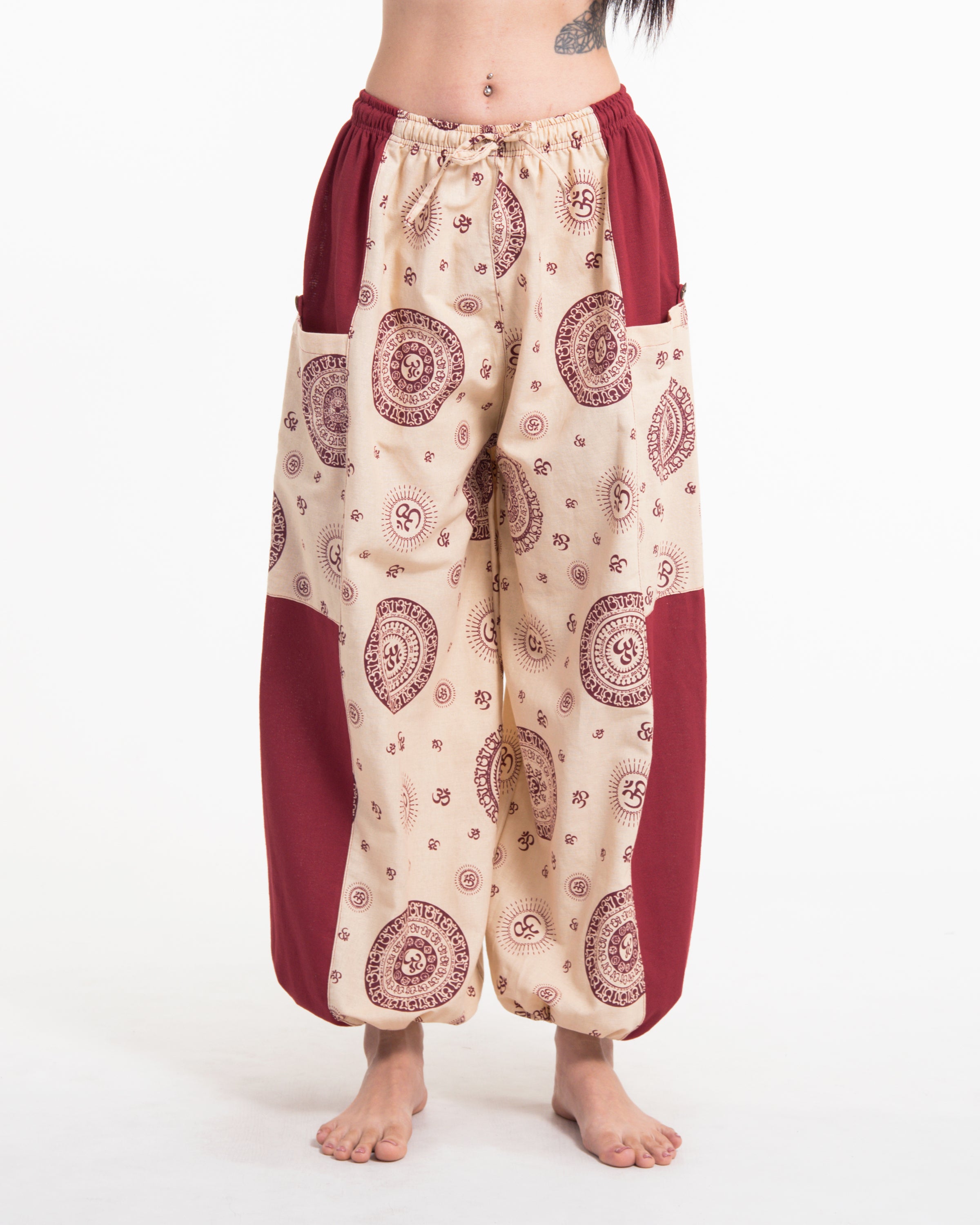 Two Tone Om Prints Women's Cotton Pants in Red