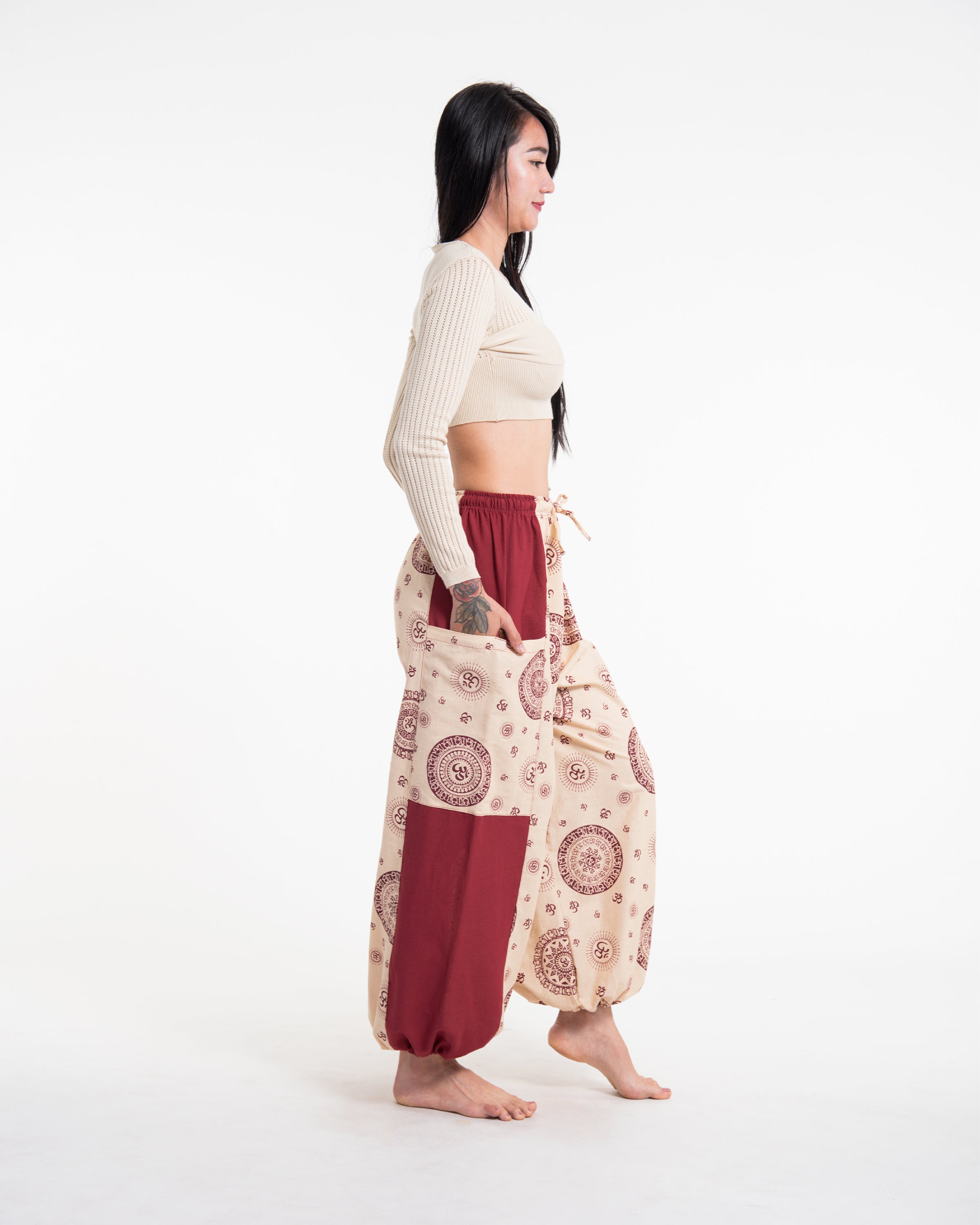 Two Tone Om Prints Women's Cotton Pants in Red