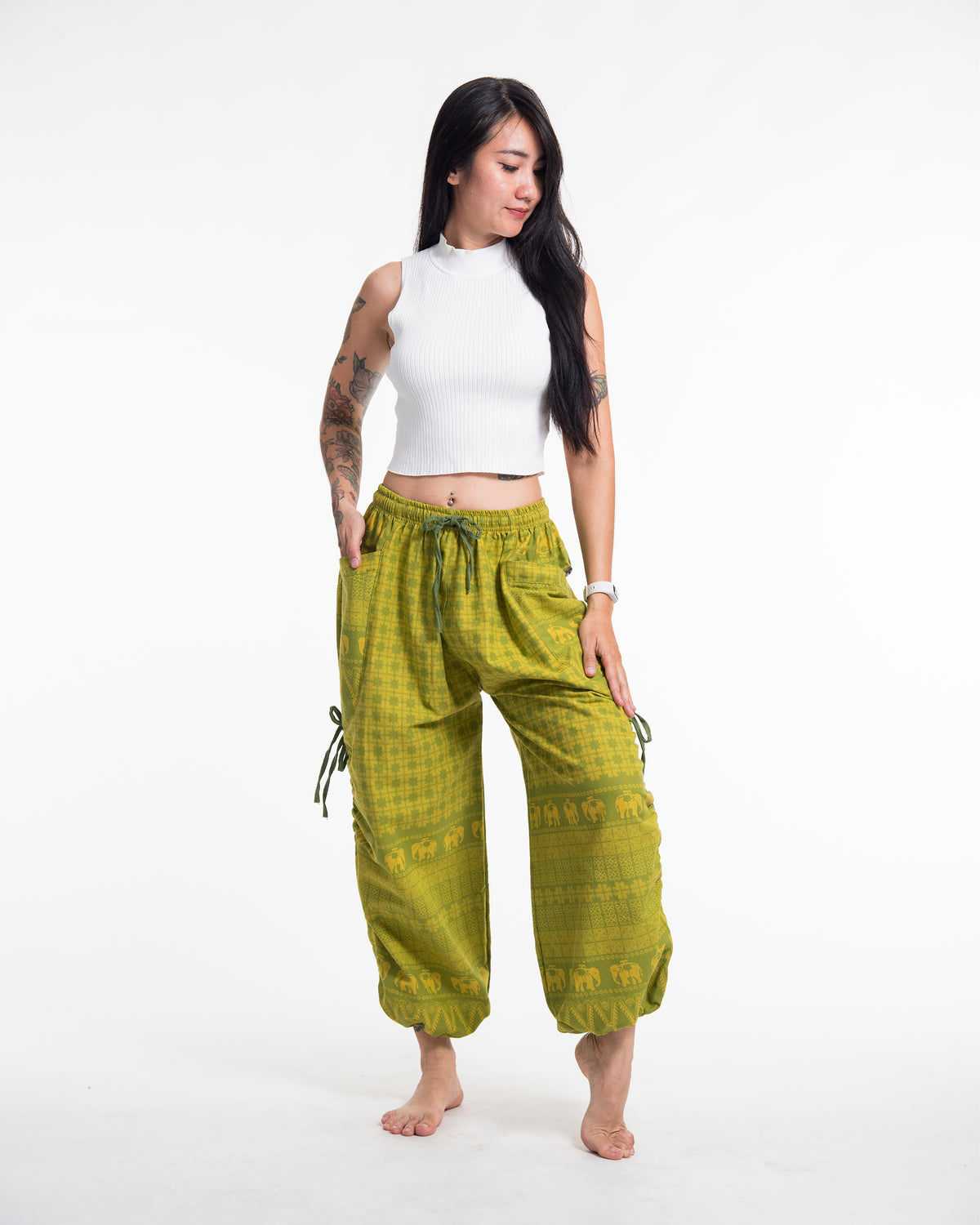 Women's Hill Tribe Cotton Elephant Pants in Green