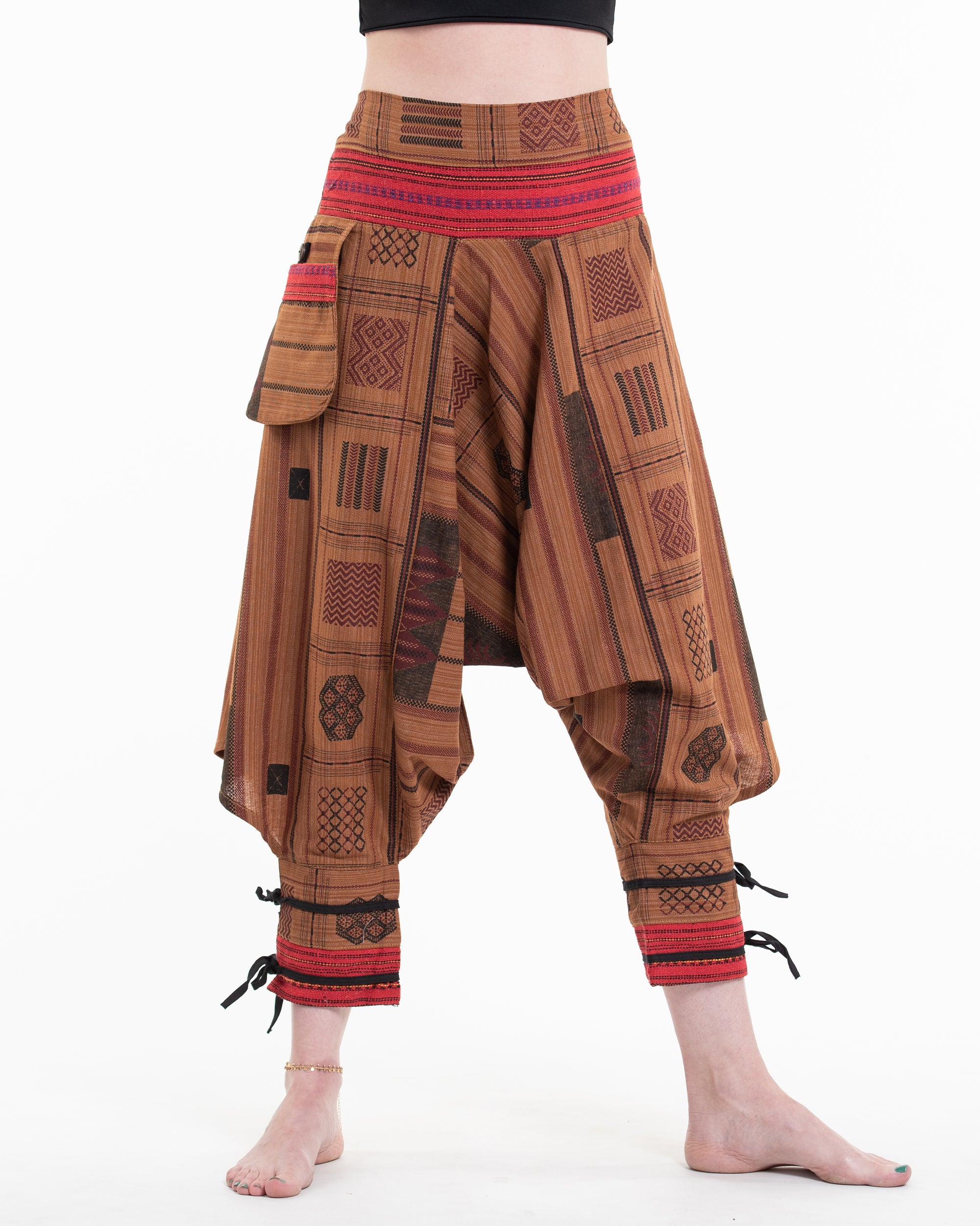 Thai Hill Tribe Fabric Women's Harem Pants with Ankle Straps in Light Brown