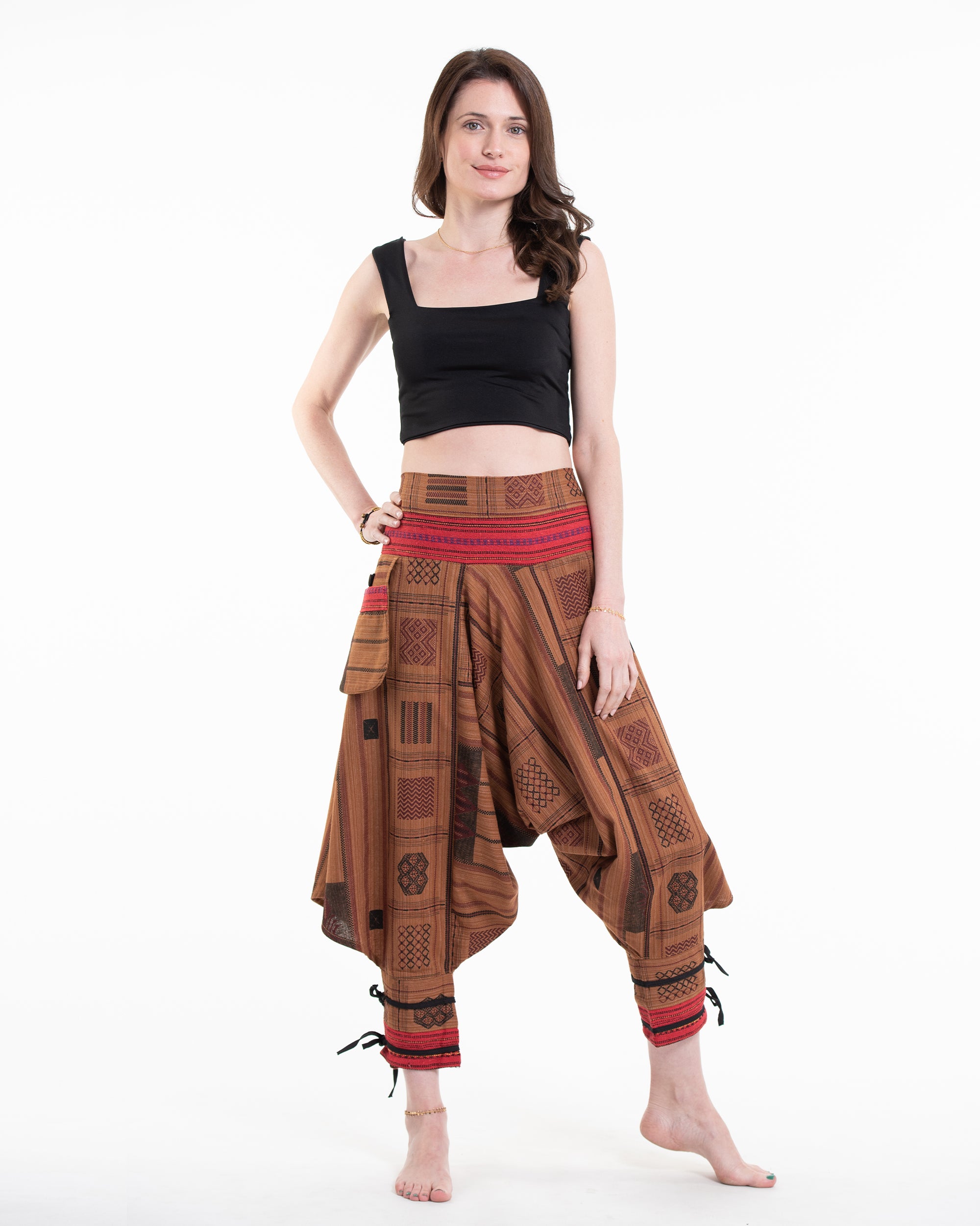 Thai Hill Tribe Fabric Women's Harem Pants with Ankle Straps in Light Brown