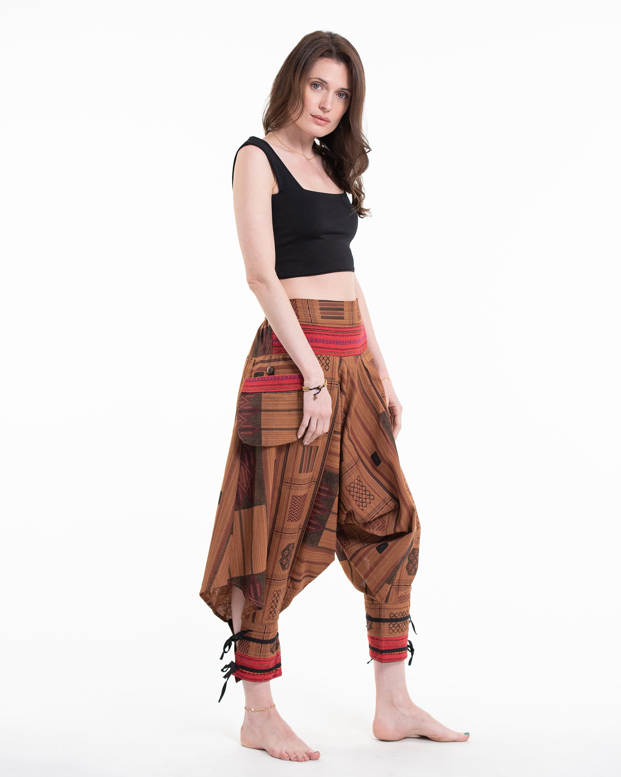 Thai Hill Tribe Fabric Women's Harem Pants with Ankle Straps in Light Brown