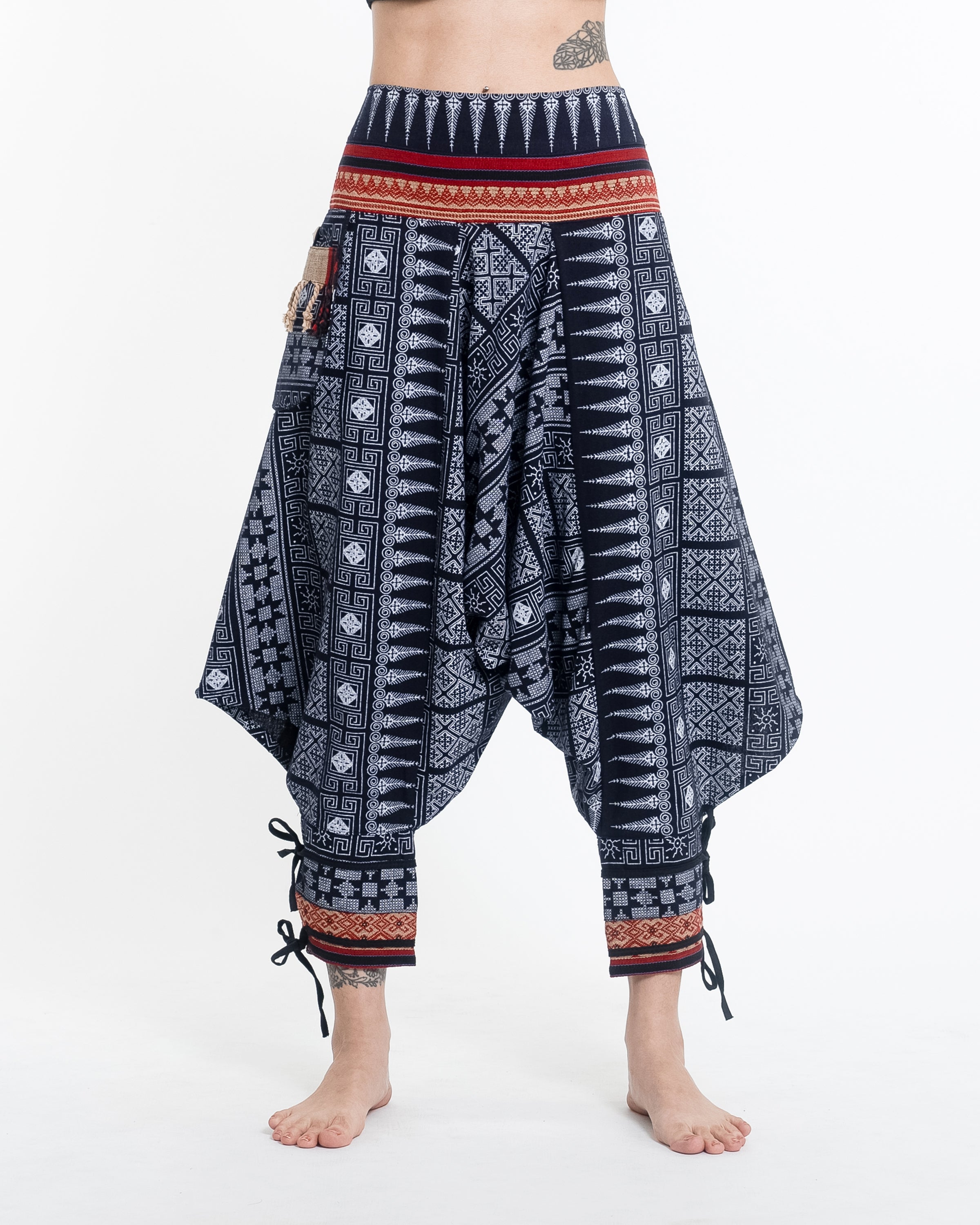 Traditional Prints Thai Hill Tribe Fabric Women's Harem Pants with Ankle Straps in Navy