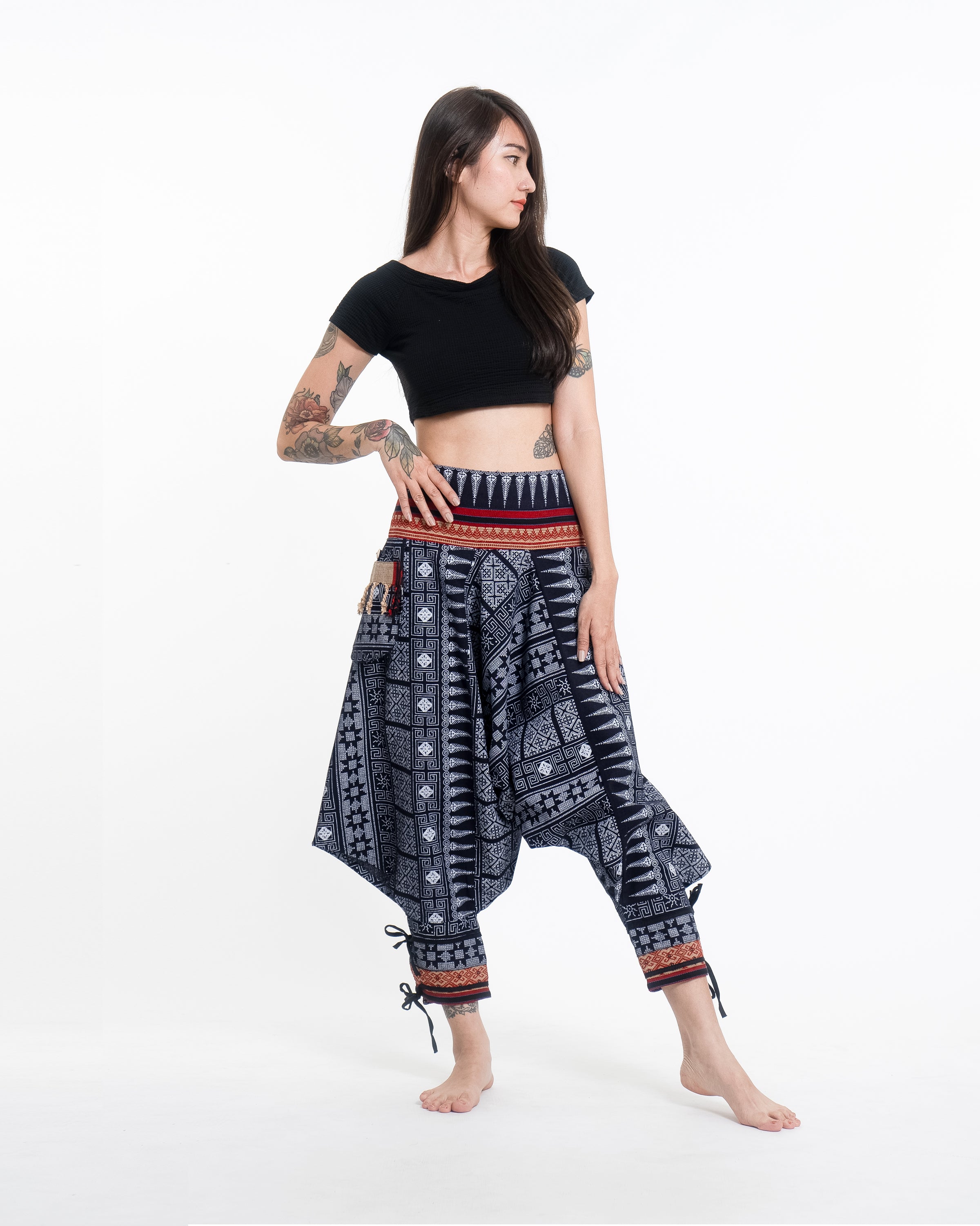 Traditional Prints Thai Hill Tribe Fabric Women's Harem Pants with Ankle Straps in Navy