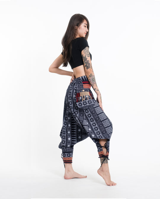 Traditional Prints Thai Hill Tribe Fabric Women's Harem Pants with Ankle Straps in Navy