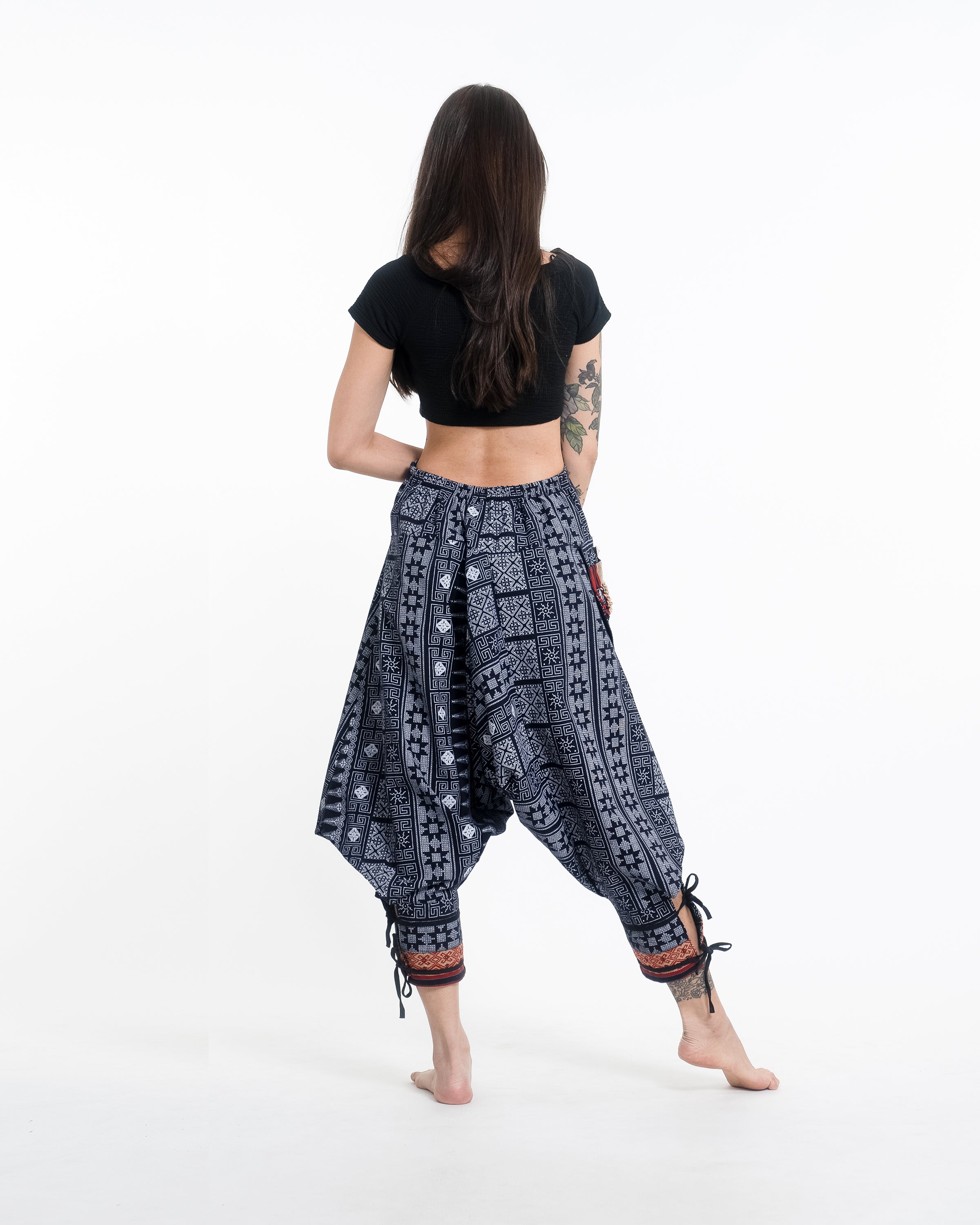 Traditional Prints Thai Hill Tribe Fabric Women's Harem Pants with Ankle Straps in Navy