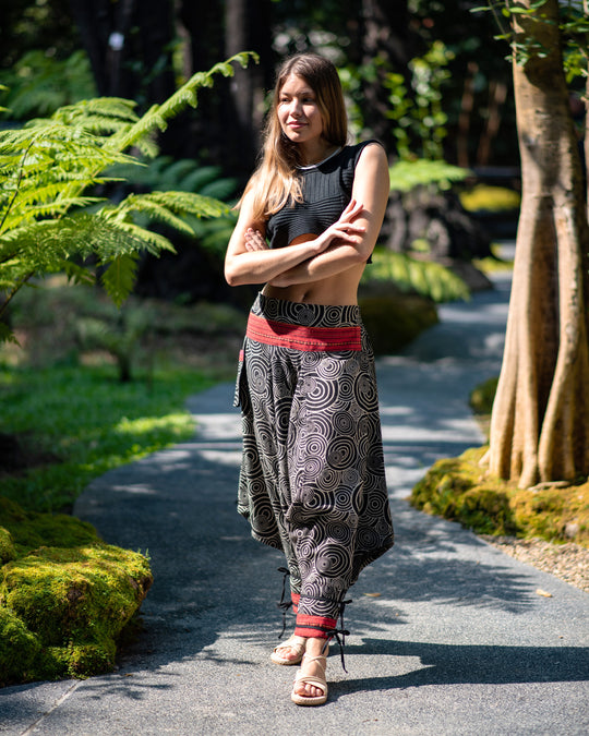 Swirls Prints Thai Hill Tribe Fabric Women's Harem Pants with Ankle Straps in Black