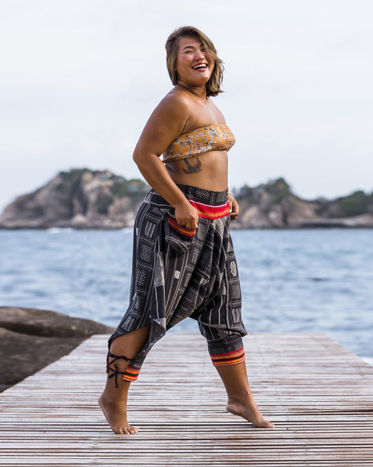 Plus Size Thai Hill Tribe Fabric Women Harem Pants with Ankle Straps in Black