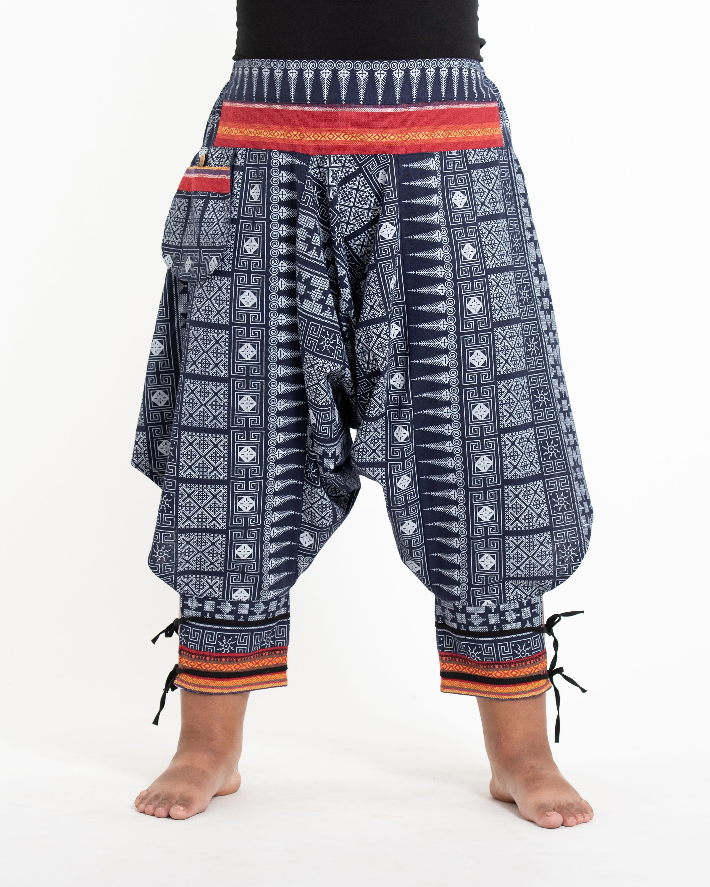 Plus Size Traditional Prints Thai Hill Tribe Fabric Women's Harem Pants with Ankle Straps in Navy