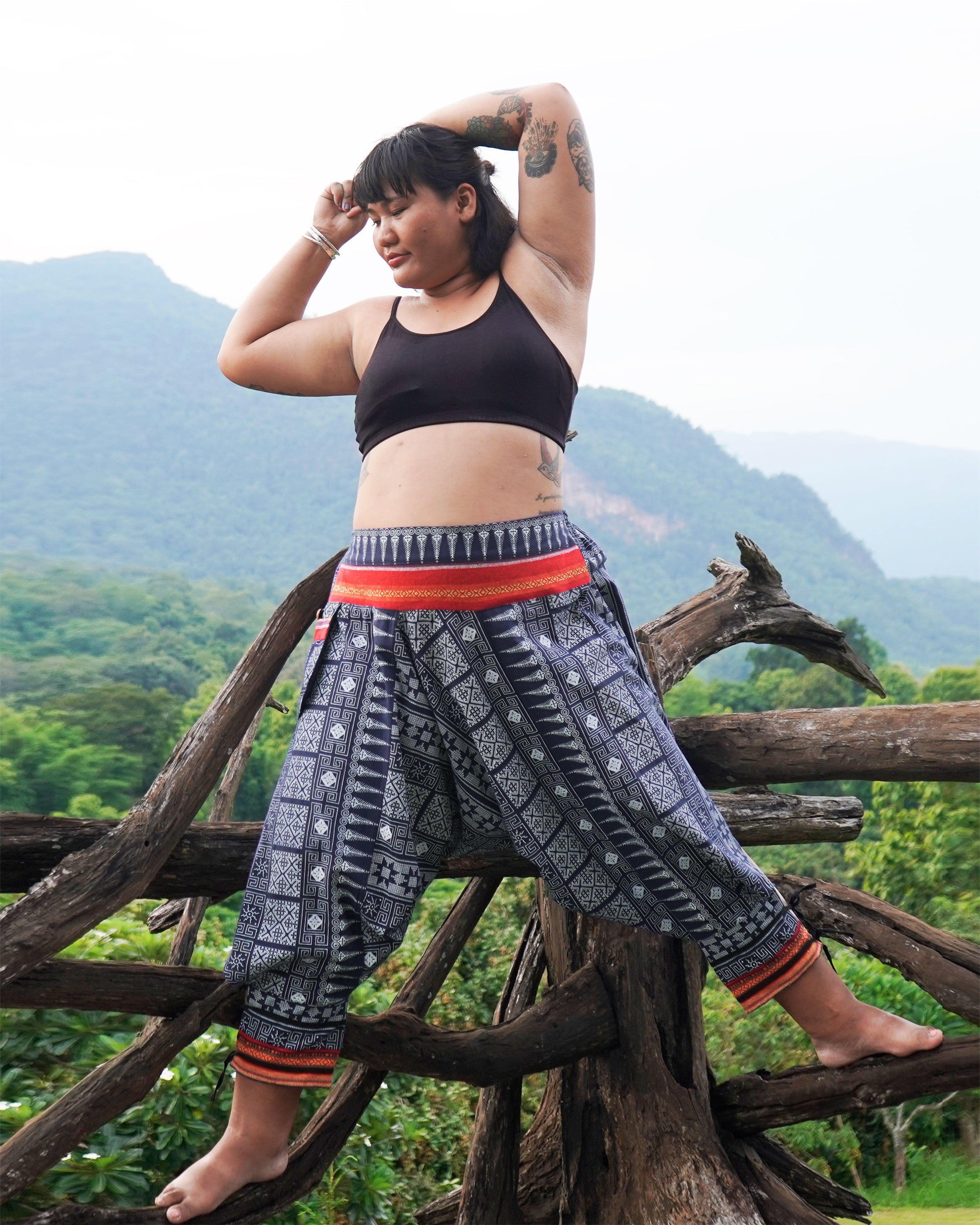 Plus Size Traditional Prints Thai Hill Tribe Fabric Women's Harem Pants with Ankle Straps in Navy
