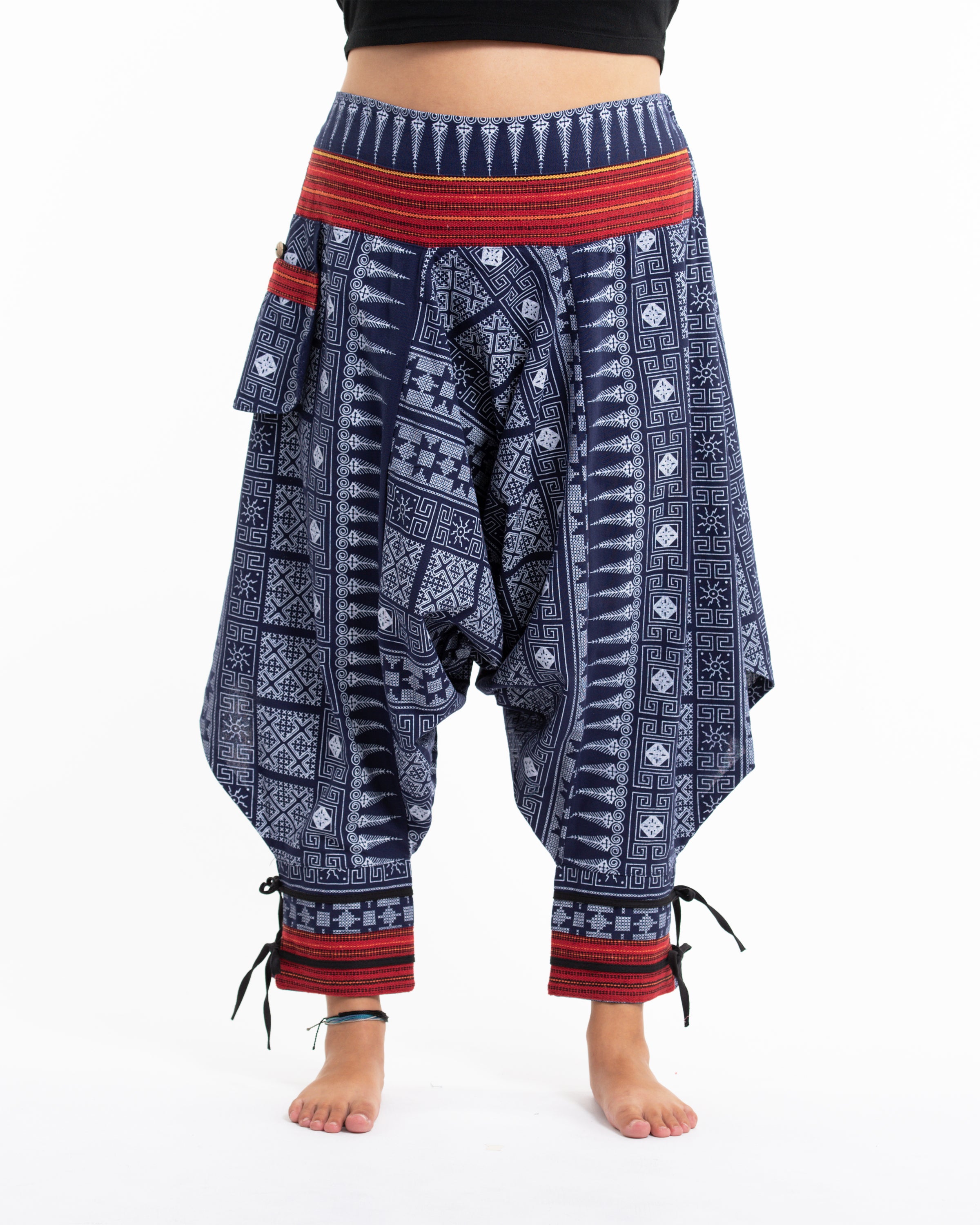 Plus Size Traditional Prints Thai Hill Tribe Fabric Women's Harem Pants with Ankle Straps in Blue
