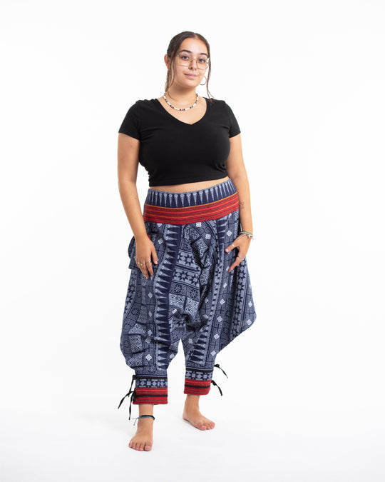 Plus Size Traditional Prints Thai Hill Tribe Fabric Women's Harem Pants with Ankle Straps in Blue