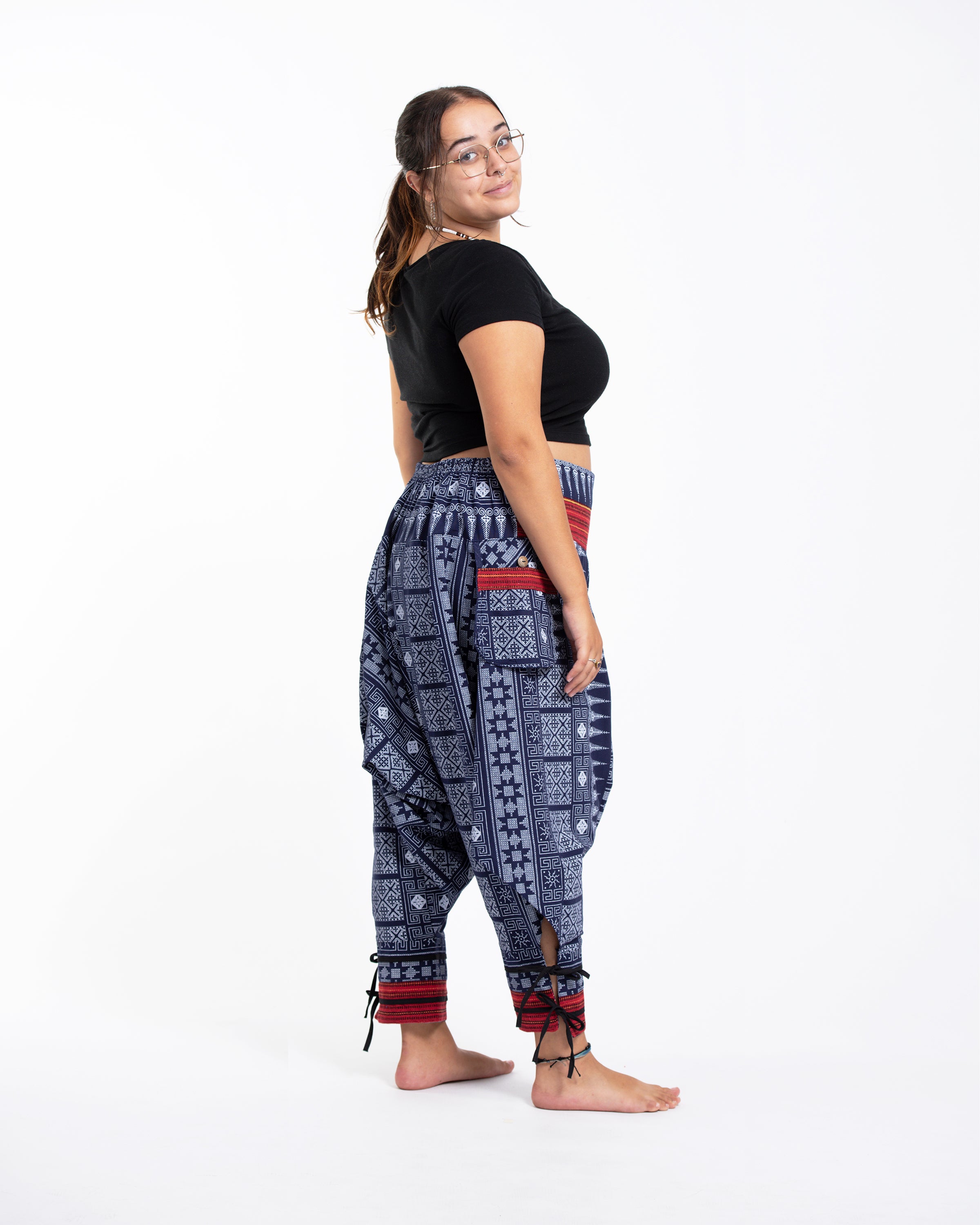 Plus Size Traditional Prints Thai Hill Tribe Fabric Women's Harem Pants with Ankle Straps in Blue