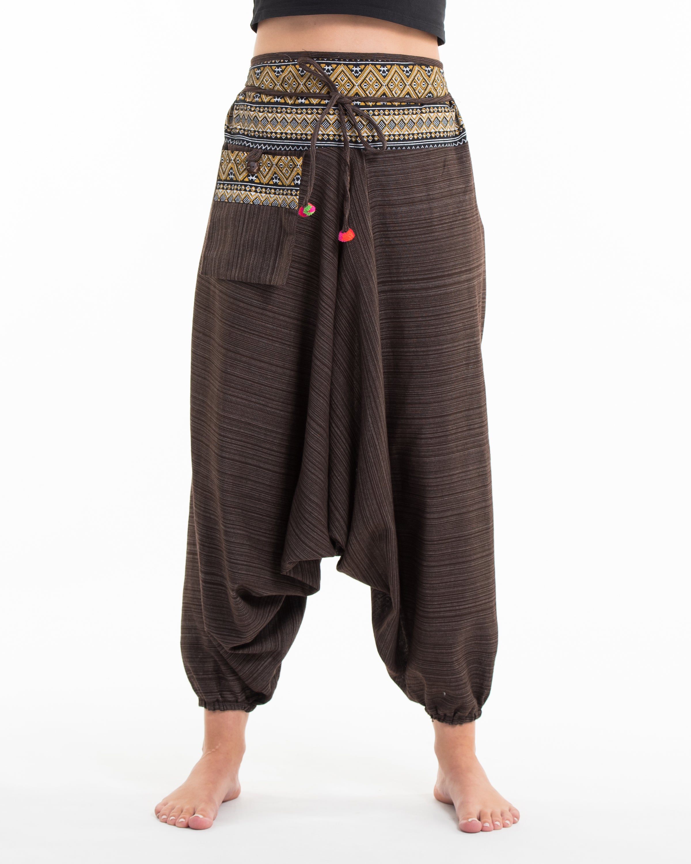 Pinstripe Cotton Low Cut Women's Harem Pants With Hill Tribe Trim Brown
