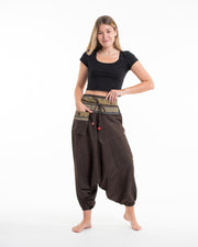 Pinstripe Cotton Low Cut Women's Harem Pants With Hill Tribe Trim Brown