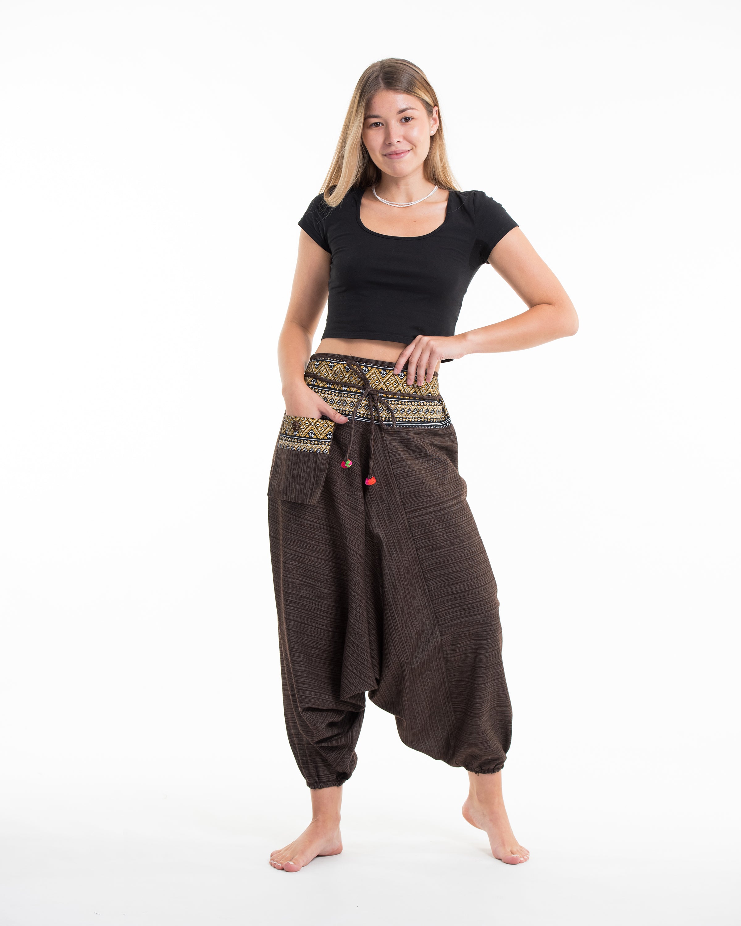Pinstripe Cotton Low Cut Women's Harem Pants With Hill Tribe Trim Brown