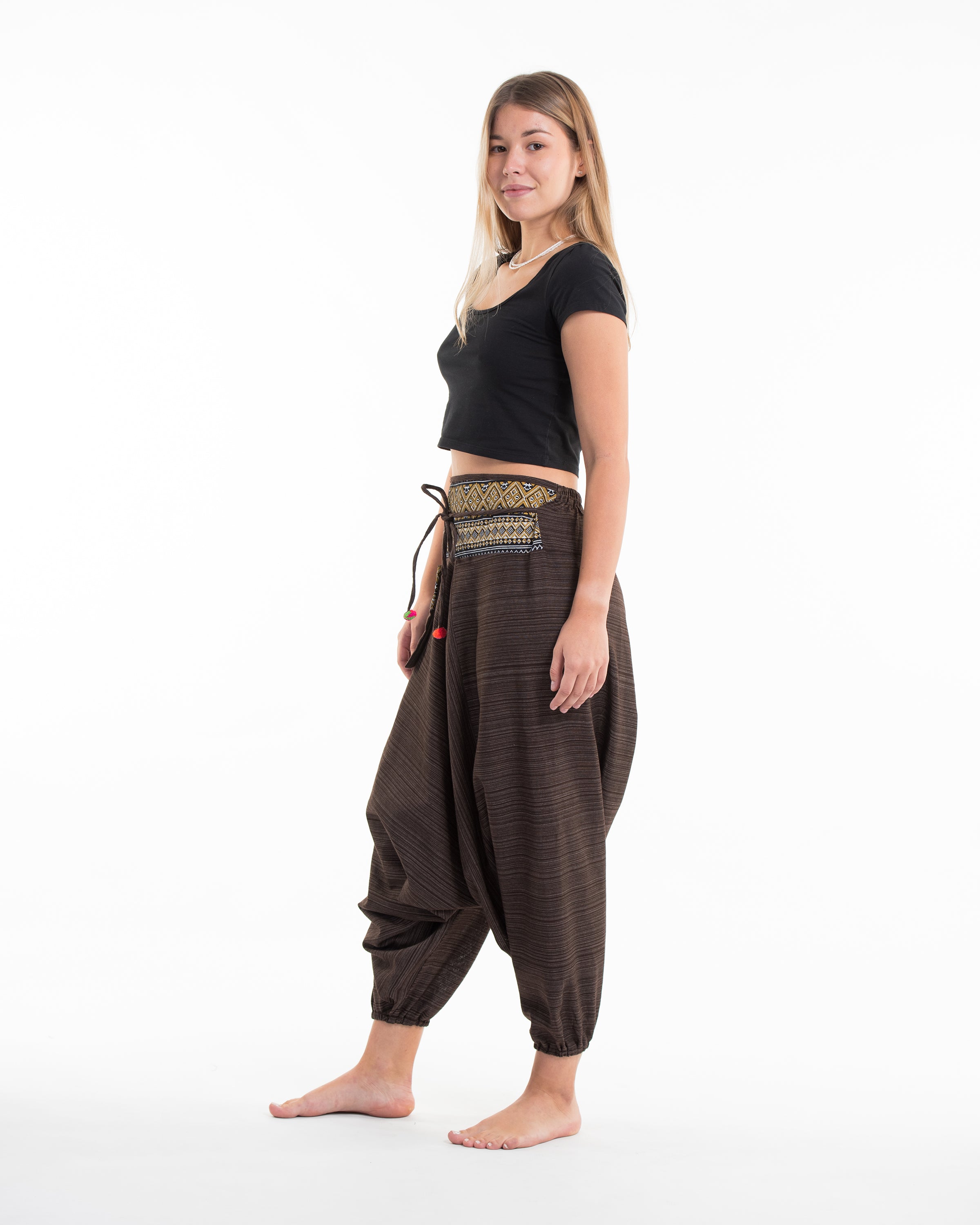 Pinstripe Cotton Low Cut Women's Harem Pants With Hill Tribe Trim Brown