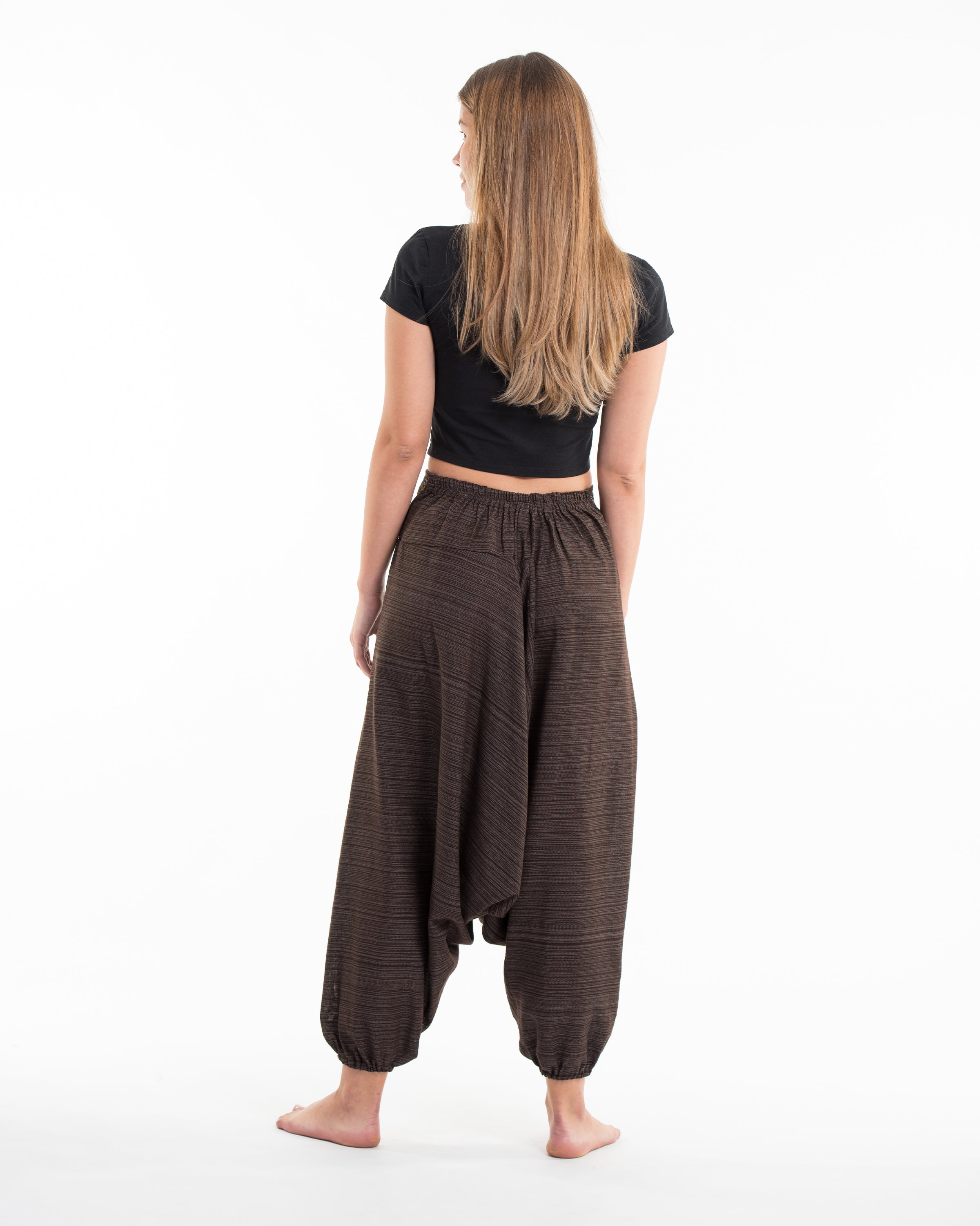 Pinstripe Cotton Low Cut Women's Harem Pants With Hill Tribe Trim Brown