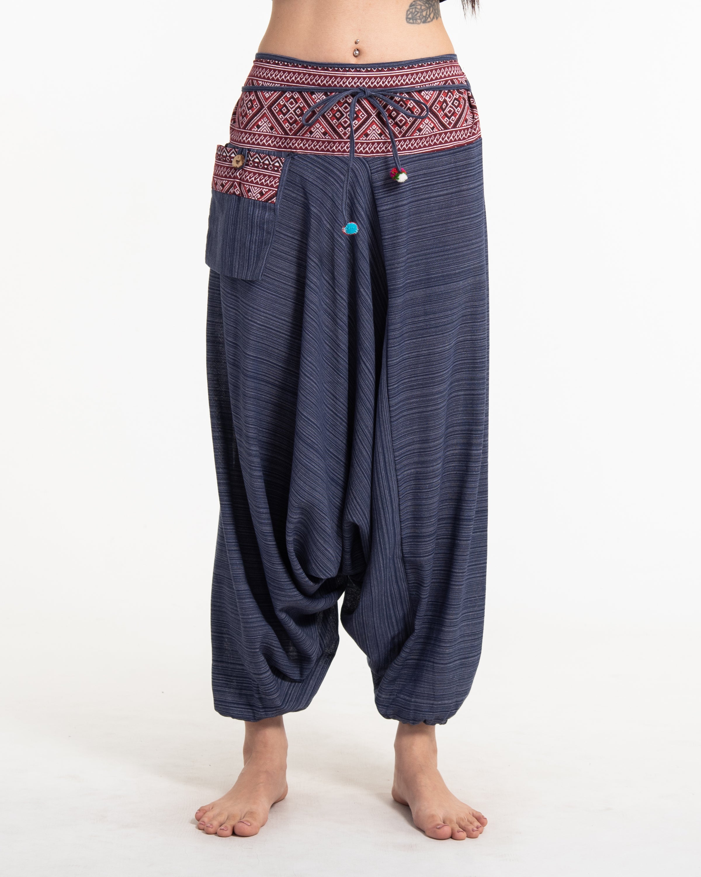 Pinstripe Cotton Low Cut Women's Harem Pants With Hill Tribe Trim Navy