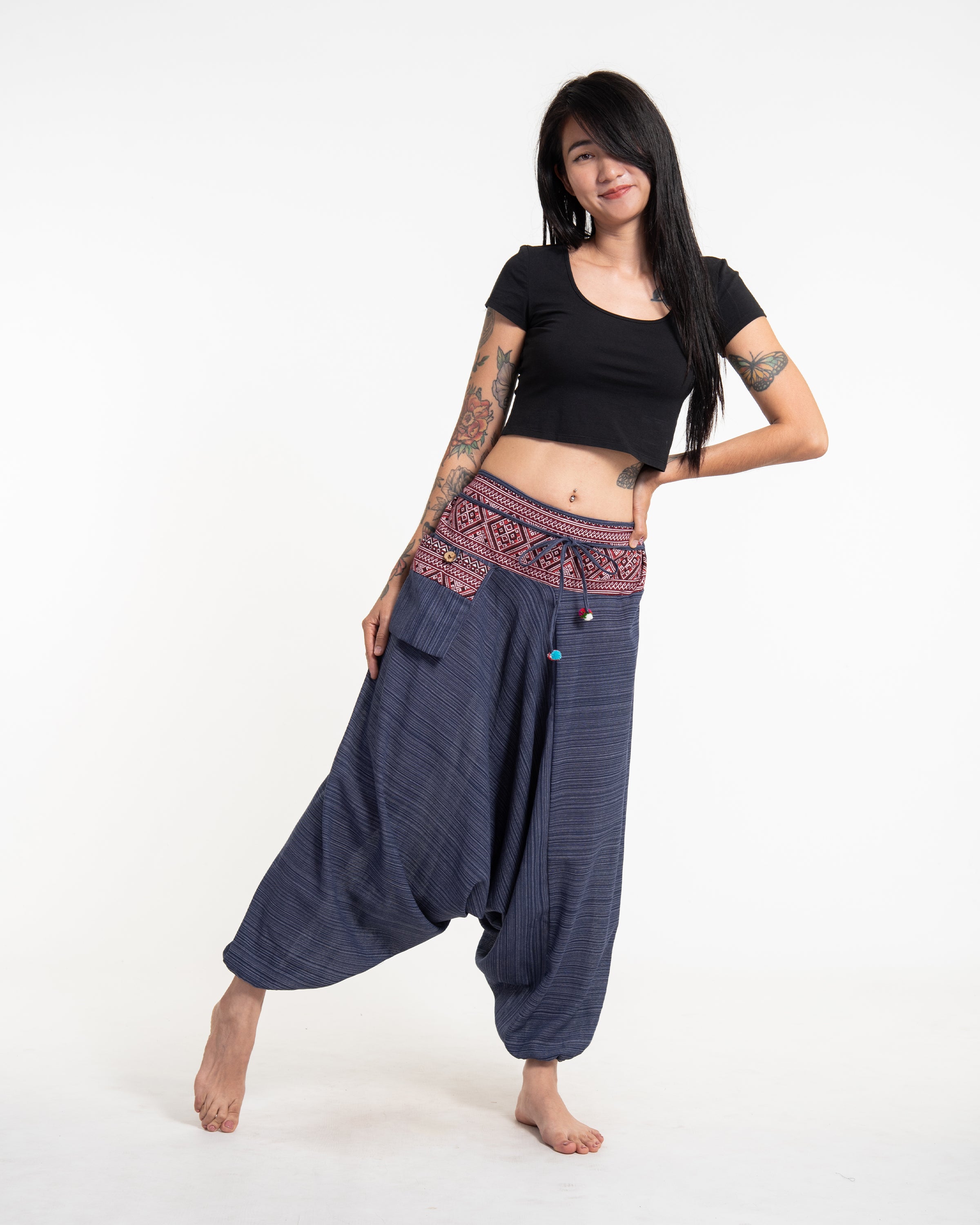 Pinstripe Cotton Low Cut Women's Harem Pants With Hill Tribe Trim Navy