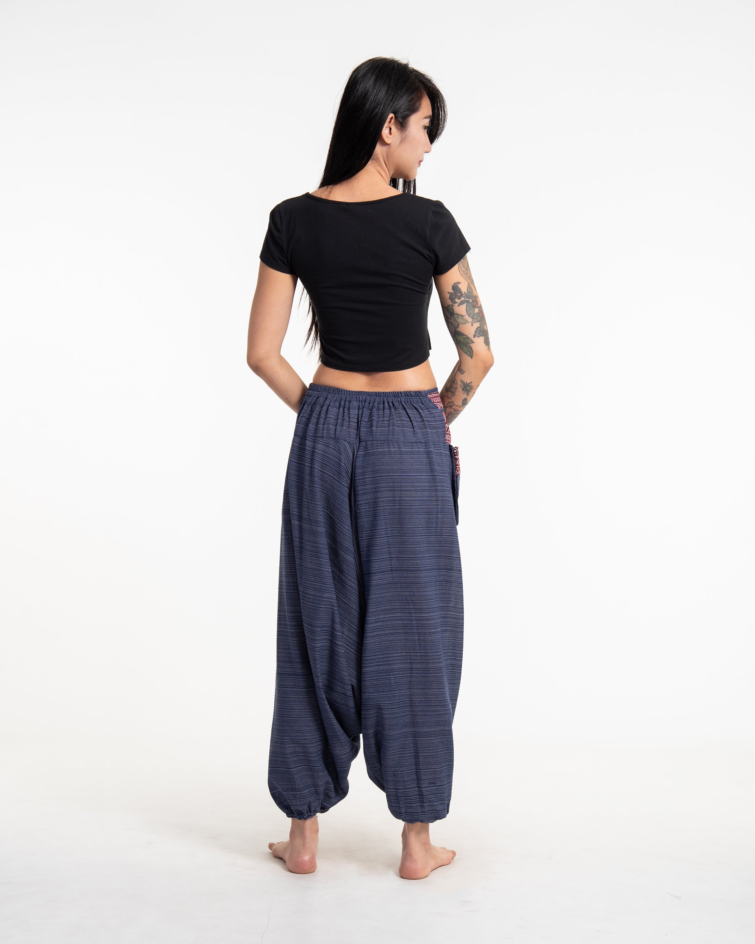 Pinstripe Cotton Low Cut Women's Harem Pants With Hill Tribe Trim Navy