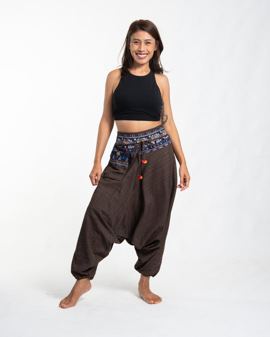 Pinstripe Cotton Low Cut Women's Harem Pants with Elephant Trim in Brown