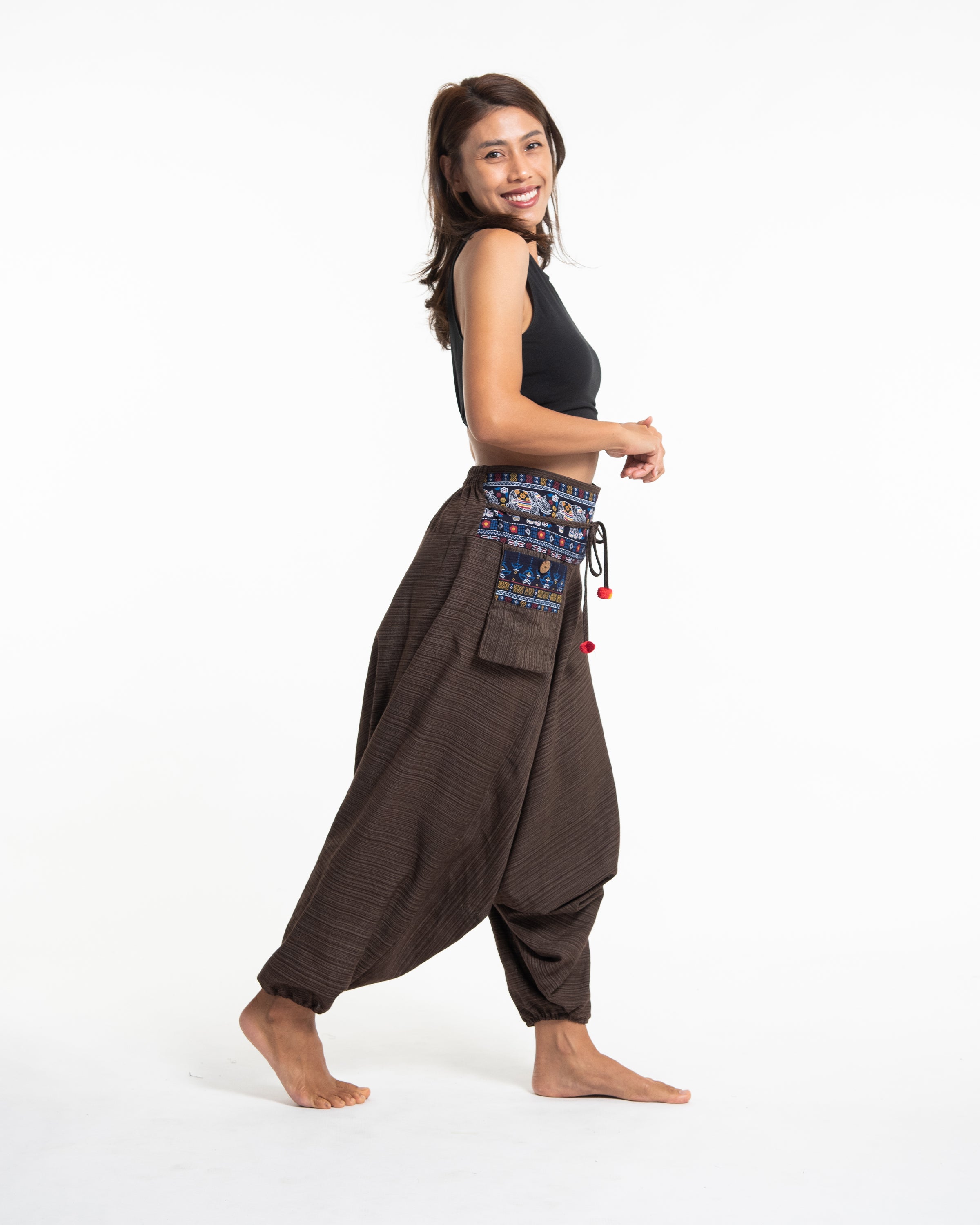 Pinstripe Cotton Low Cut Women's Harem Pants with Elephant Trim in Brown