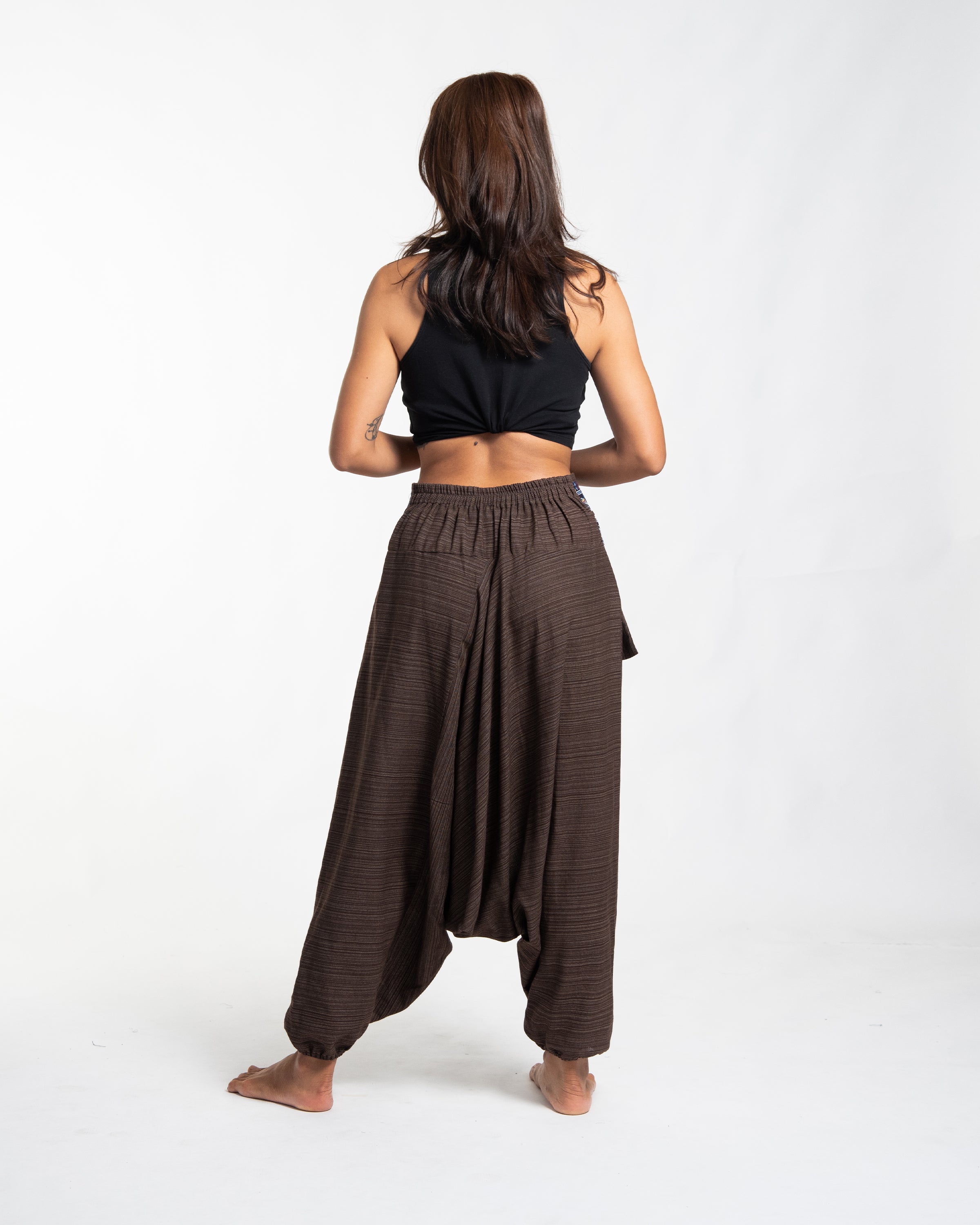 Pinstripe Cotton Low Cut Women's Harem Pants with Elephant Trim in Brown