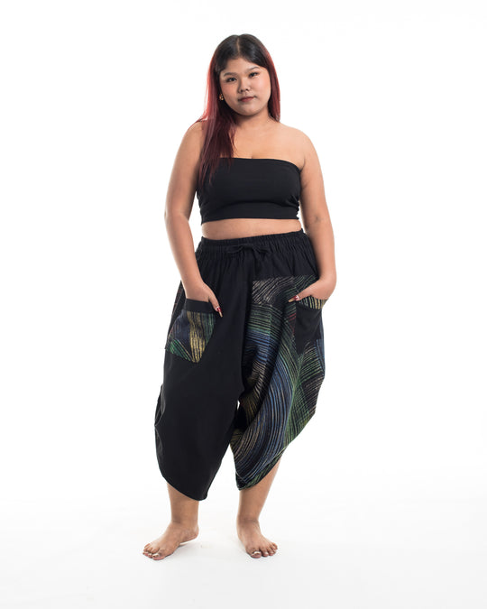 Plus Size Two Tone Rainbow Prints Women's Three Quarter Pants in Black