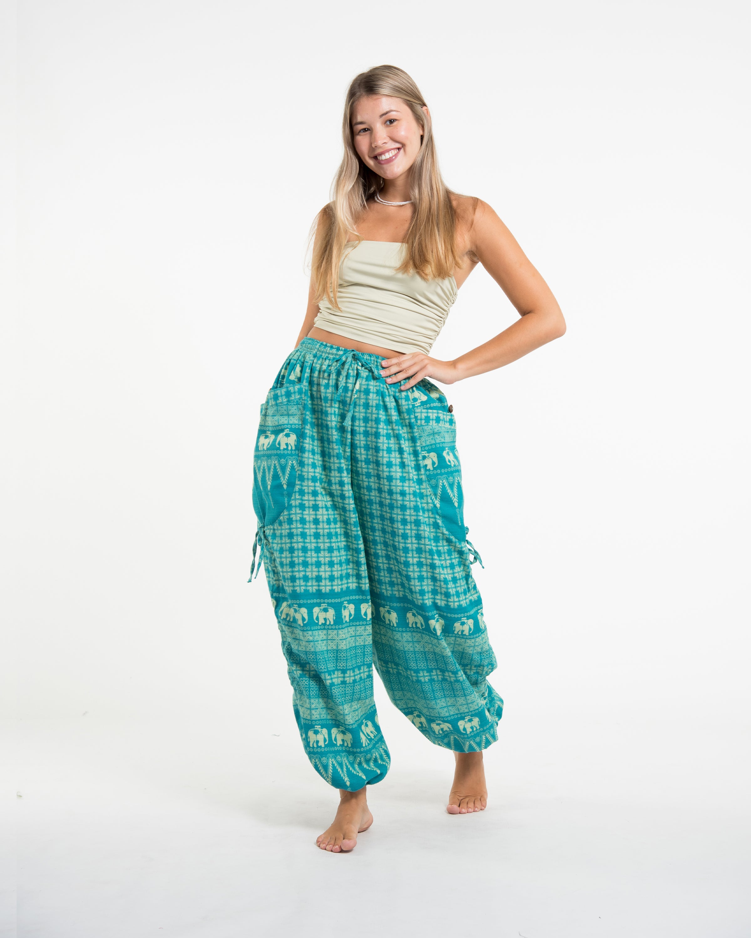 Women's Hill Tribe Cotton Elephant Pants in Turquoise