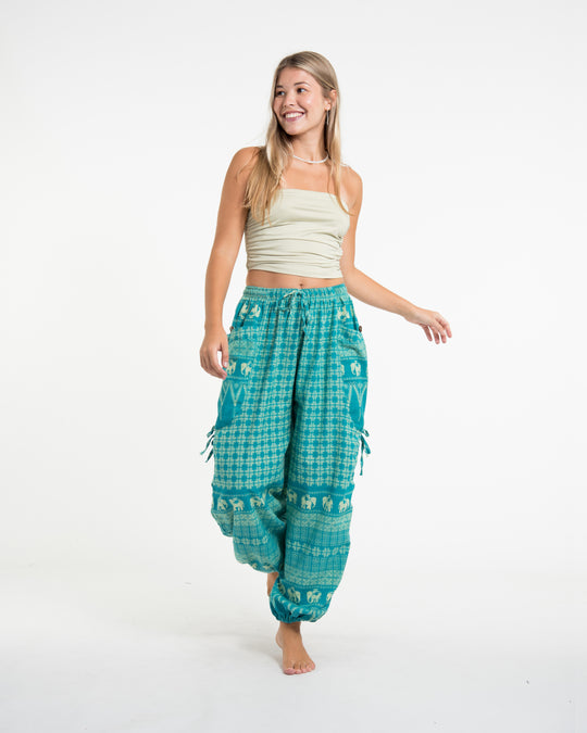 Women's Hill Tribe Cotton Elephant Pants in Turquoise