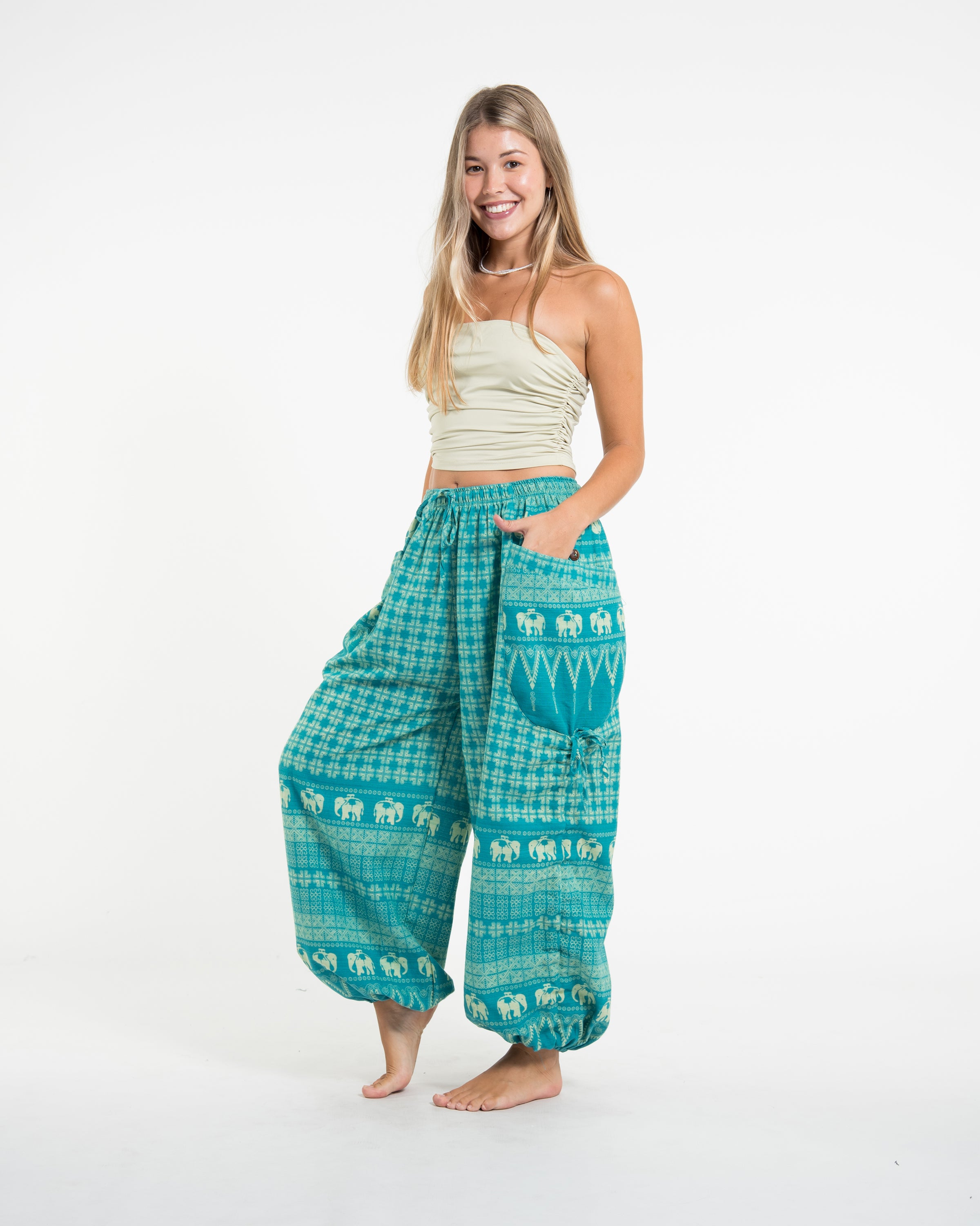 Women's Hill Tribe Cotton Elephant Pants in Turquoise