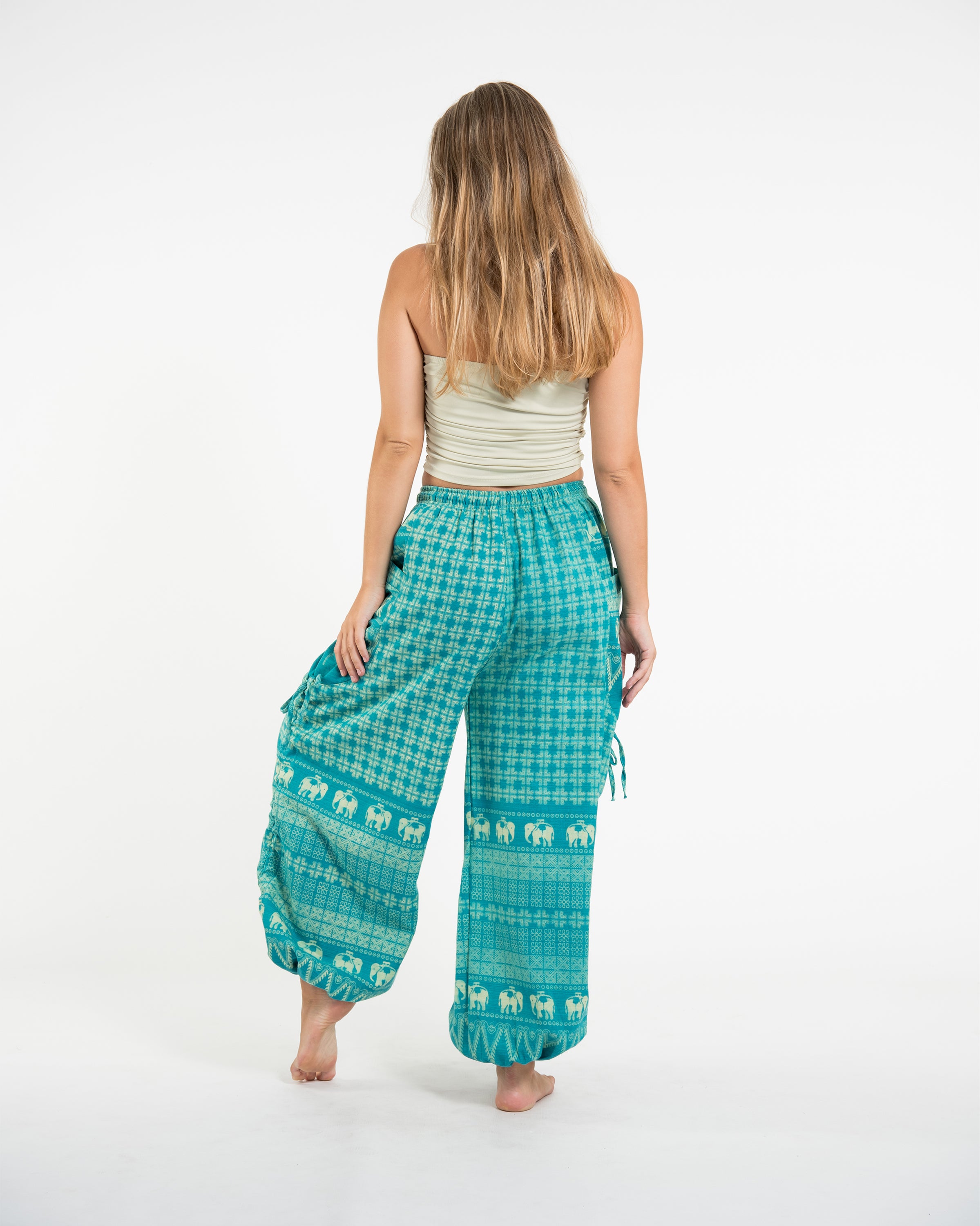 Women's Hill Tribe Cotton Elephant Pants in Turquoise