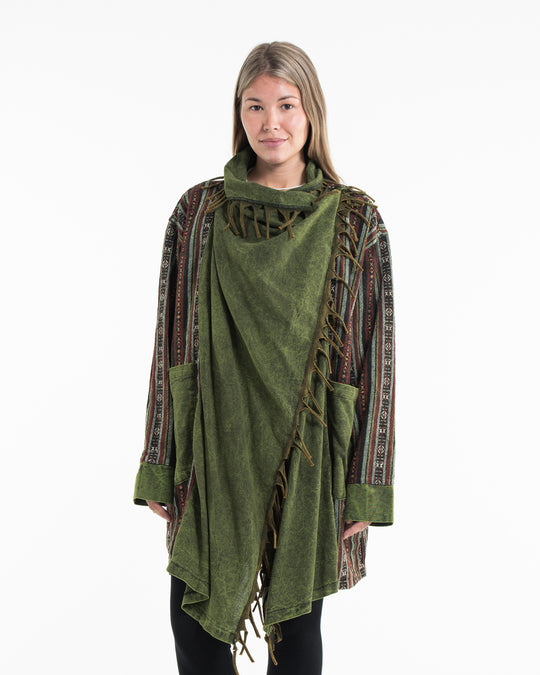 Tribal Cloak Jacket | Stonewash Drape in Olive