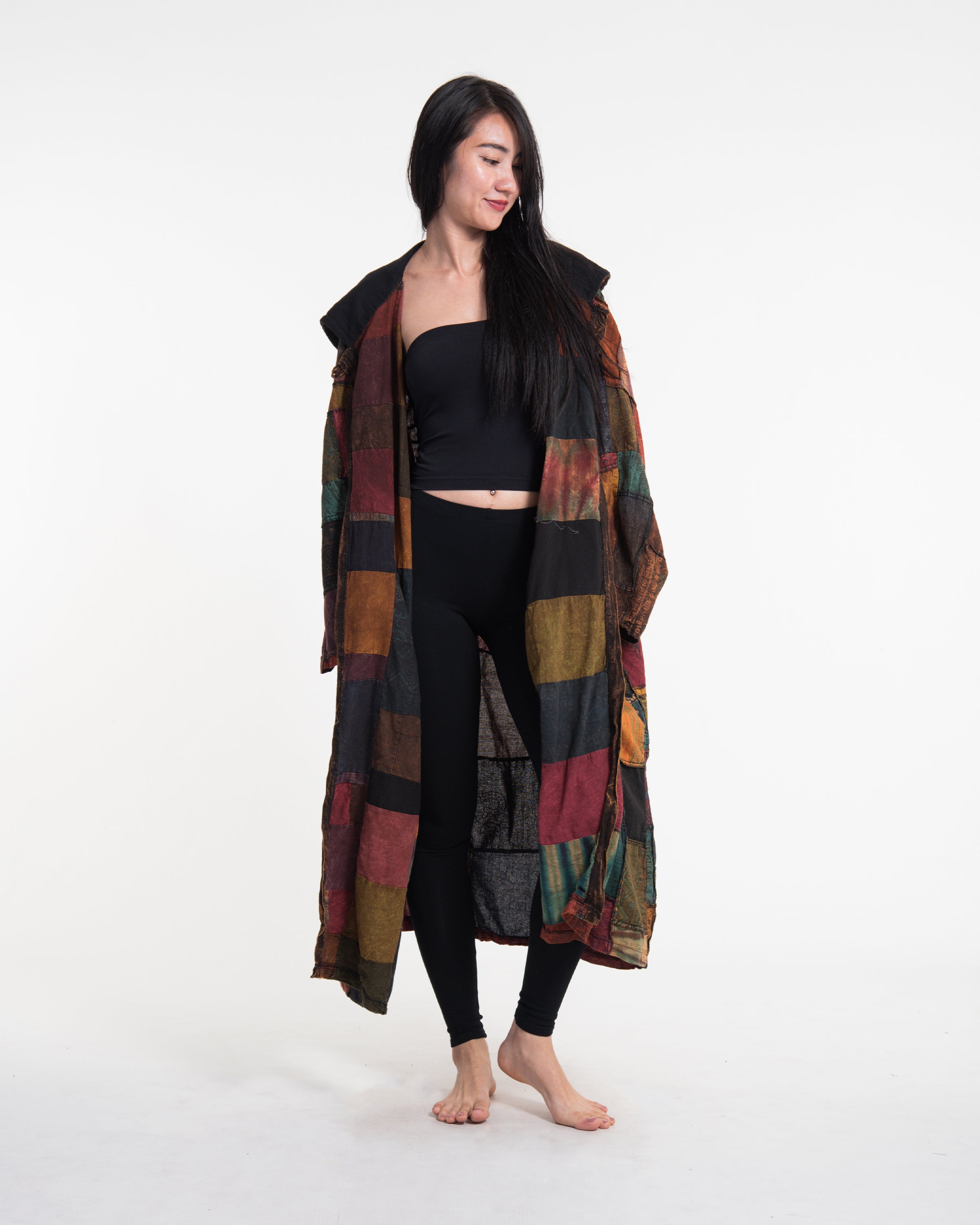 Patchwork Stonewash Hooded Long Kimono Robe in Multi Brown