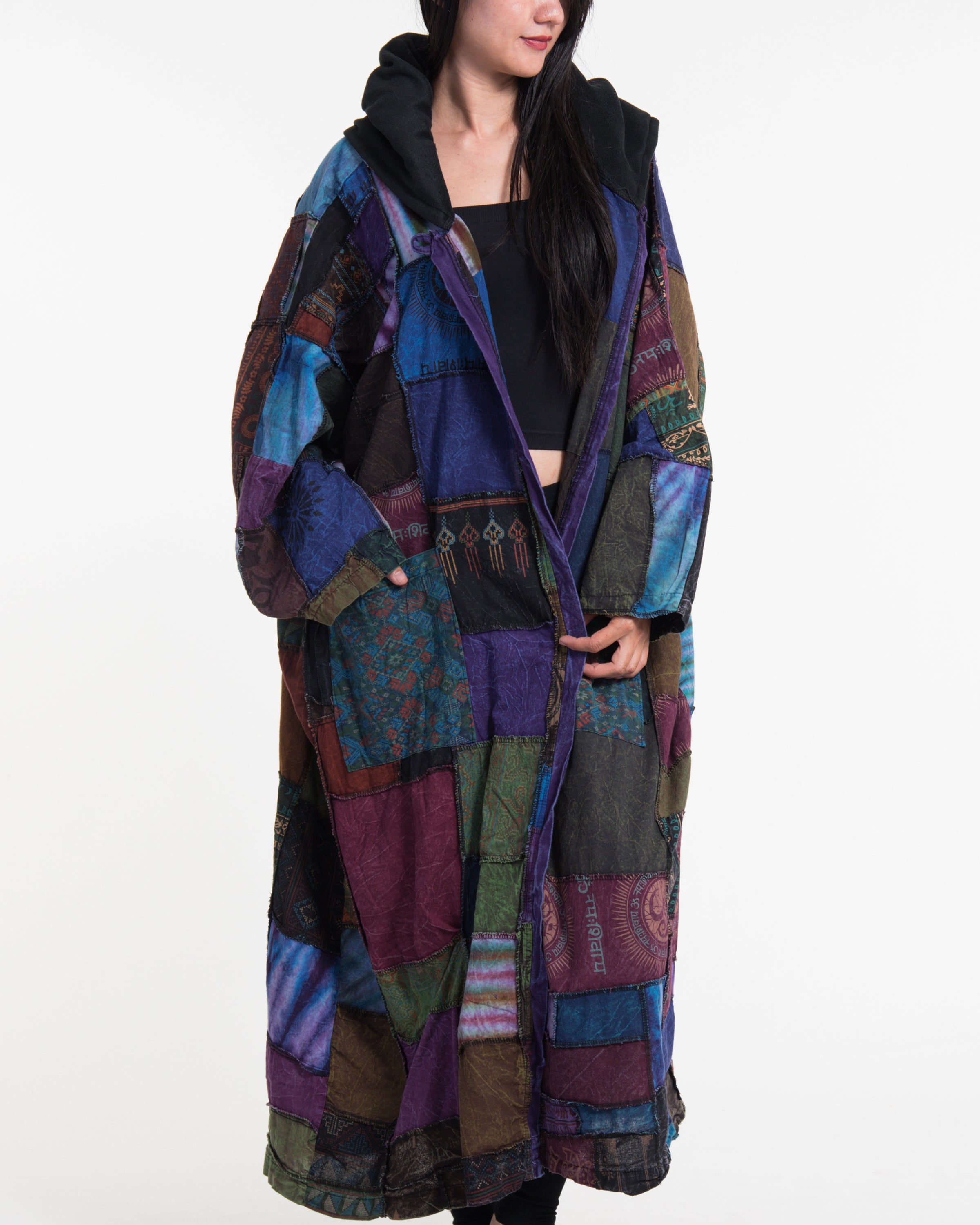 Patchwork Stonewash Hooded Long Kimono Robe in Multi Purple