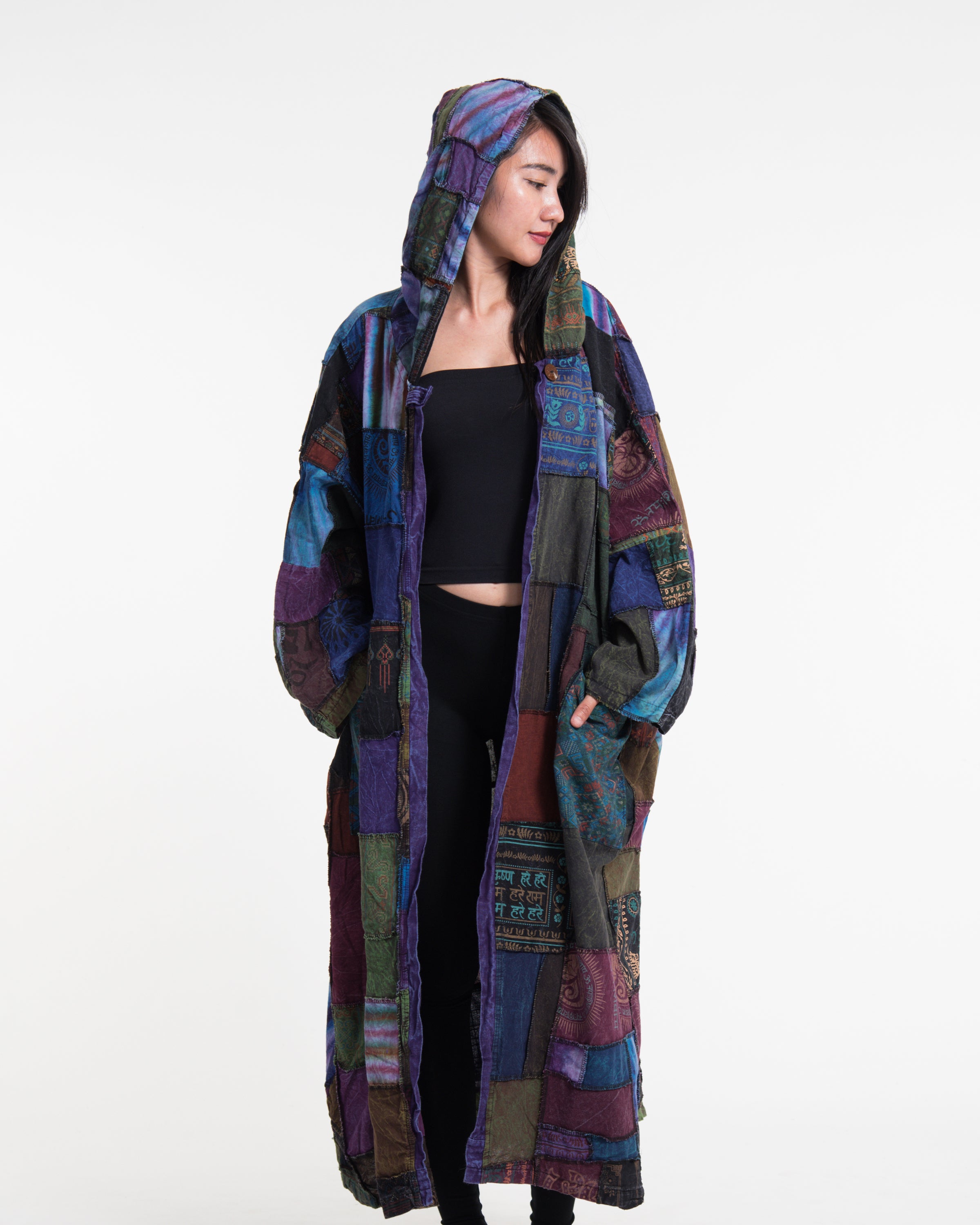 Patchwork Stonewash Hooded Long Kimono Robe in Multi Purple