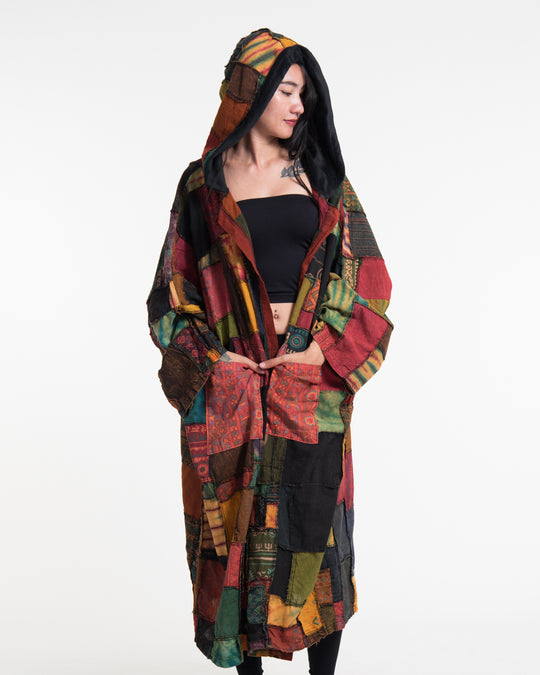 Patchwork Stonewash Hooded Long Kimono Robe in Multi Yellow