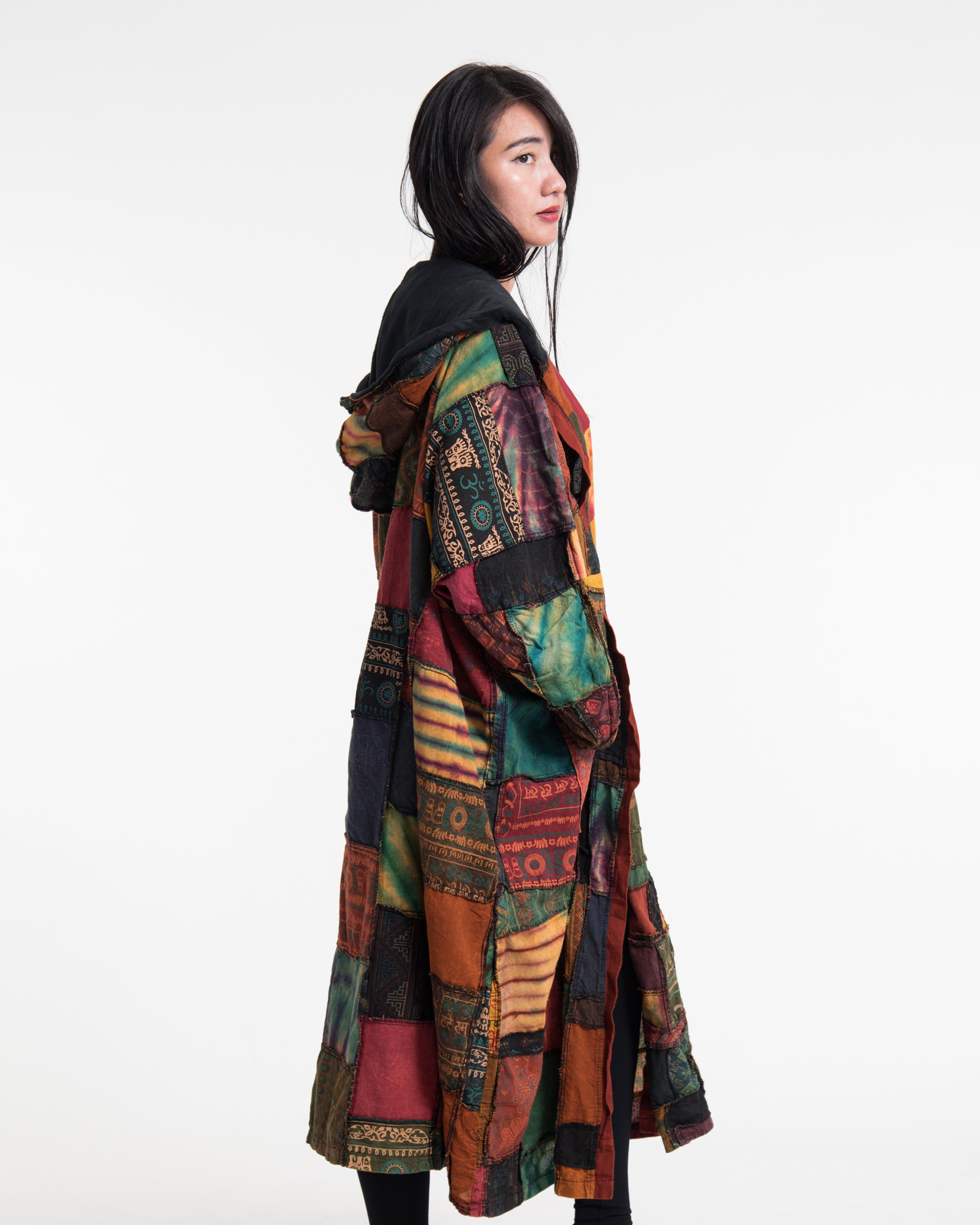 Patchwork Stonewash Hooded Long Kimono Robe in Multi Yellow