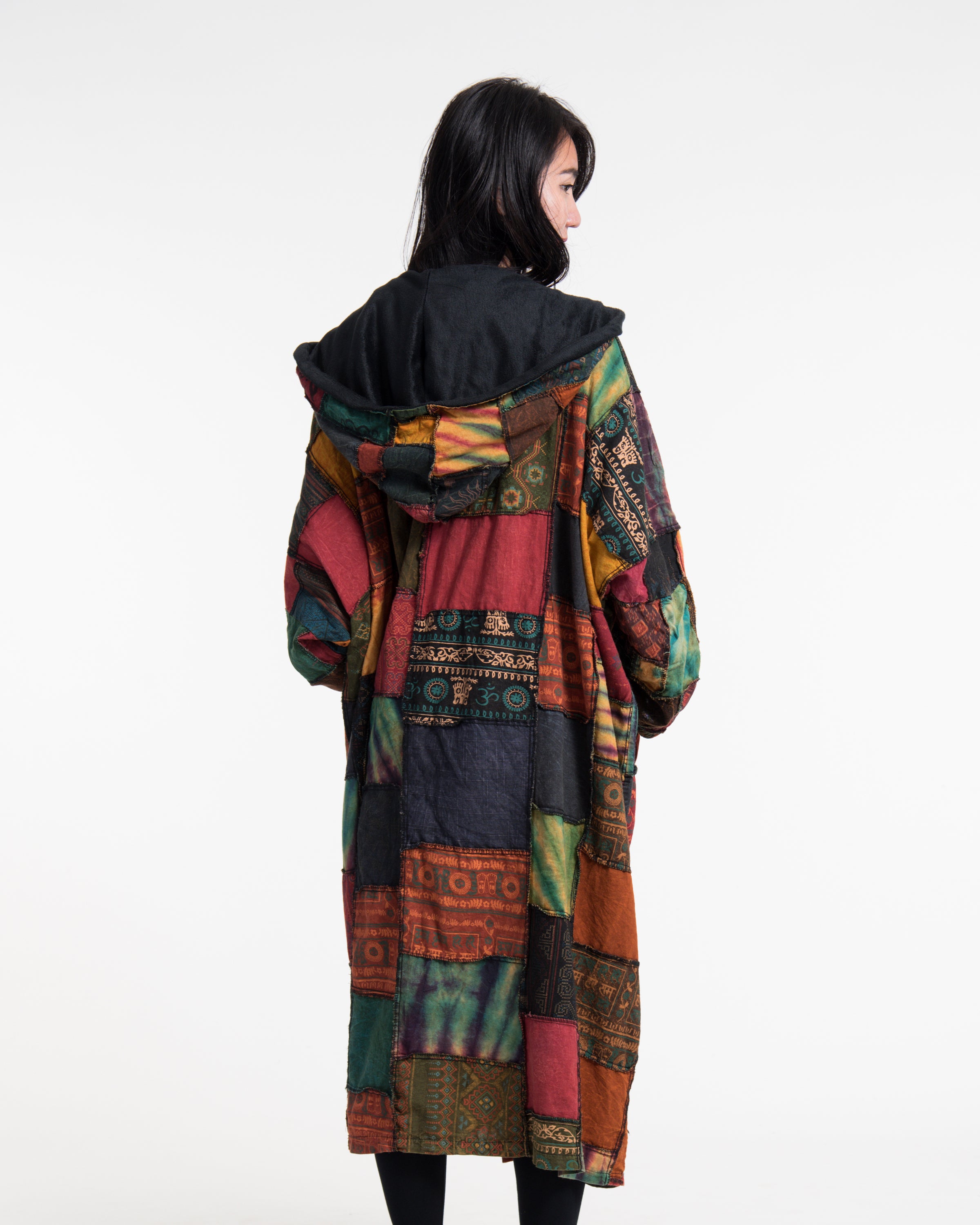 Patchwork Stonewash Hooded Long Kimono Robe in Multi Yellow