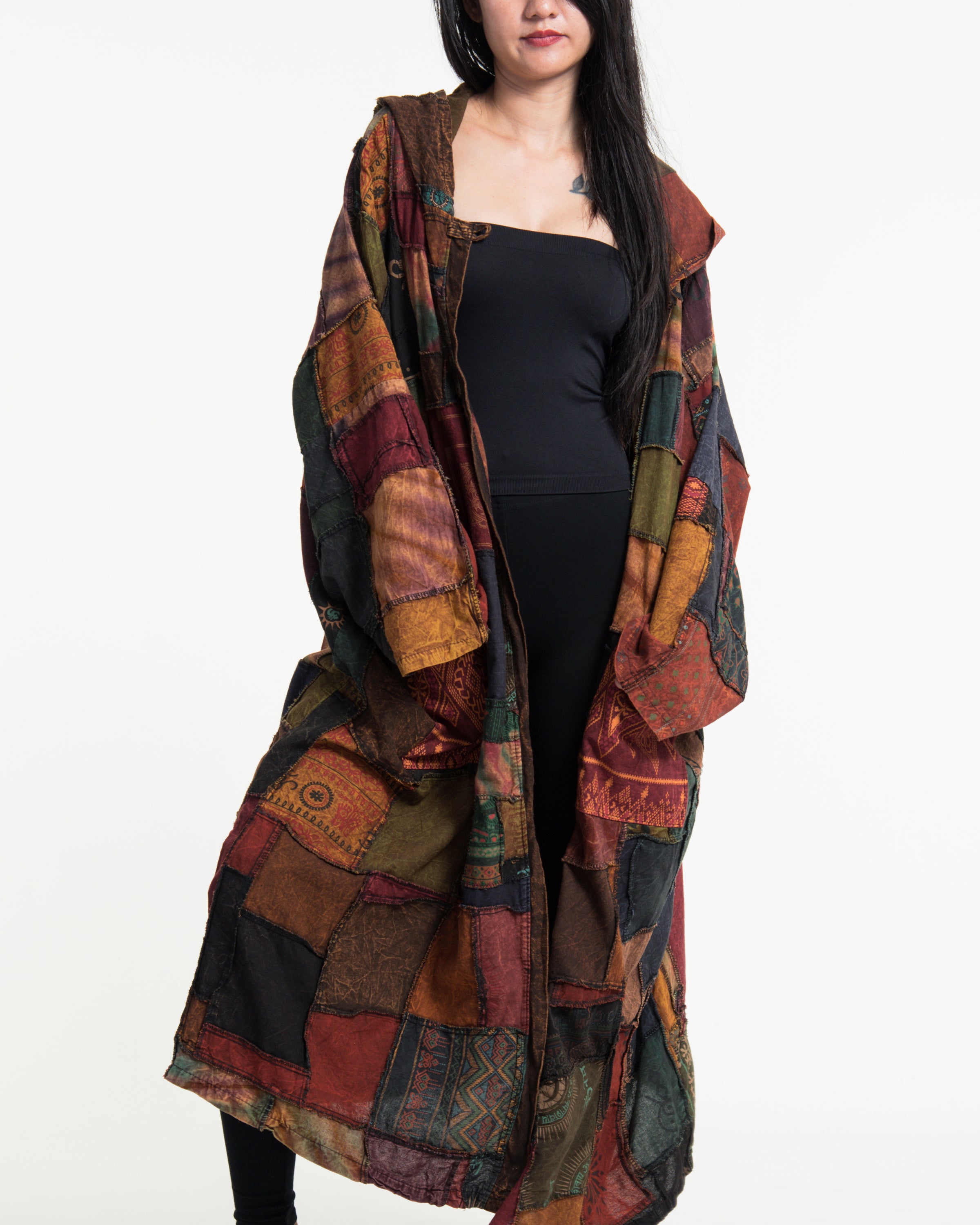 Patchwork Stonewash Hooded Long Kimono Robe in Multi Brown