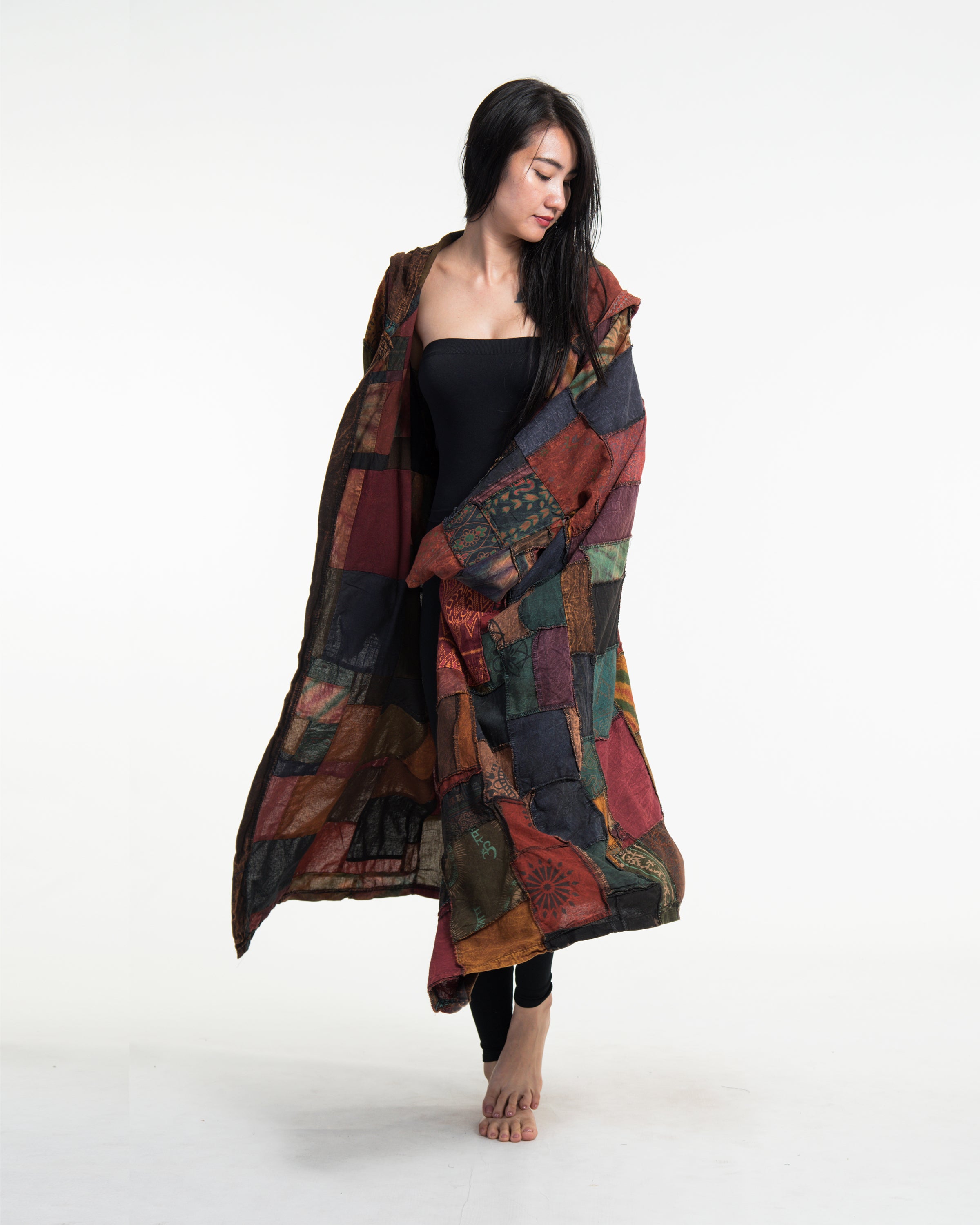 Patchwork Stonewash Hooded Long Kimono Robe in Multi Brown