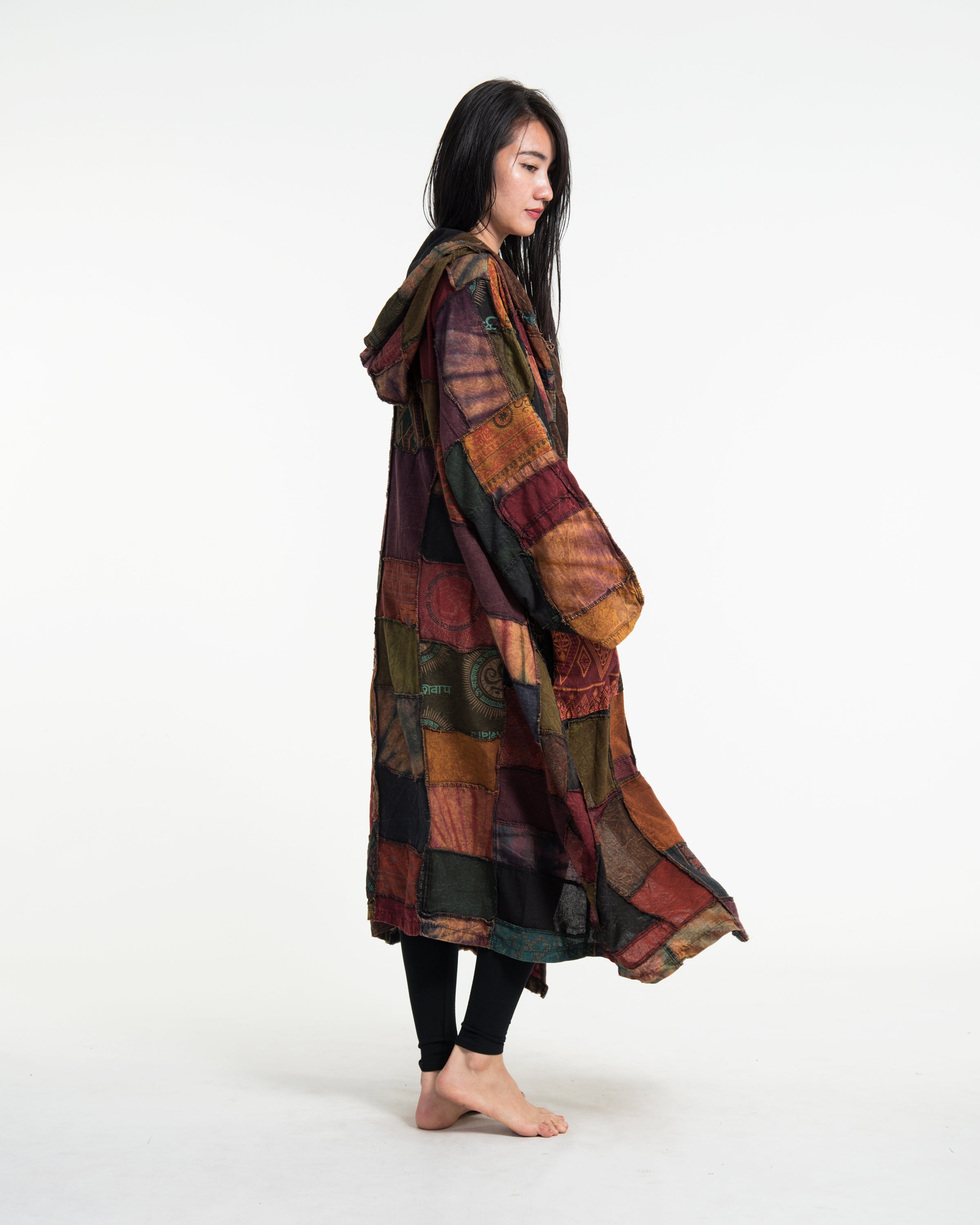 Patchwork Stonewash Hooded Long Kimono Robe in Multi Brown