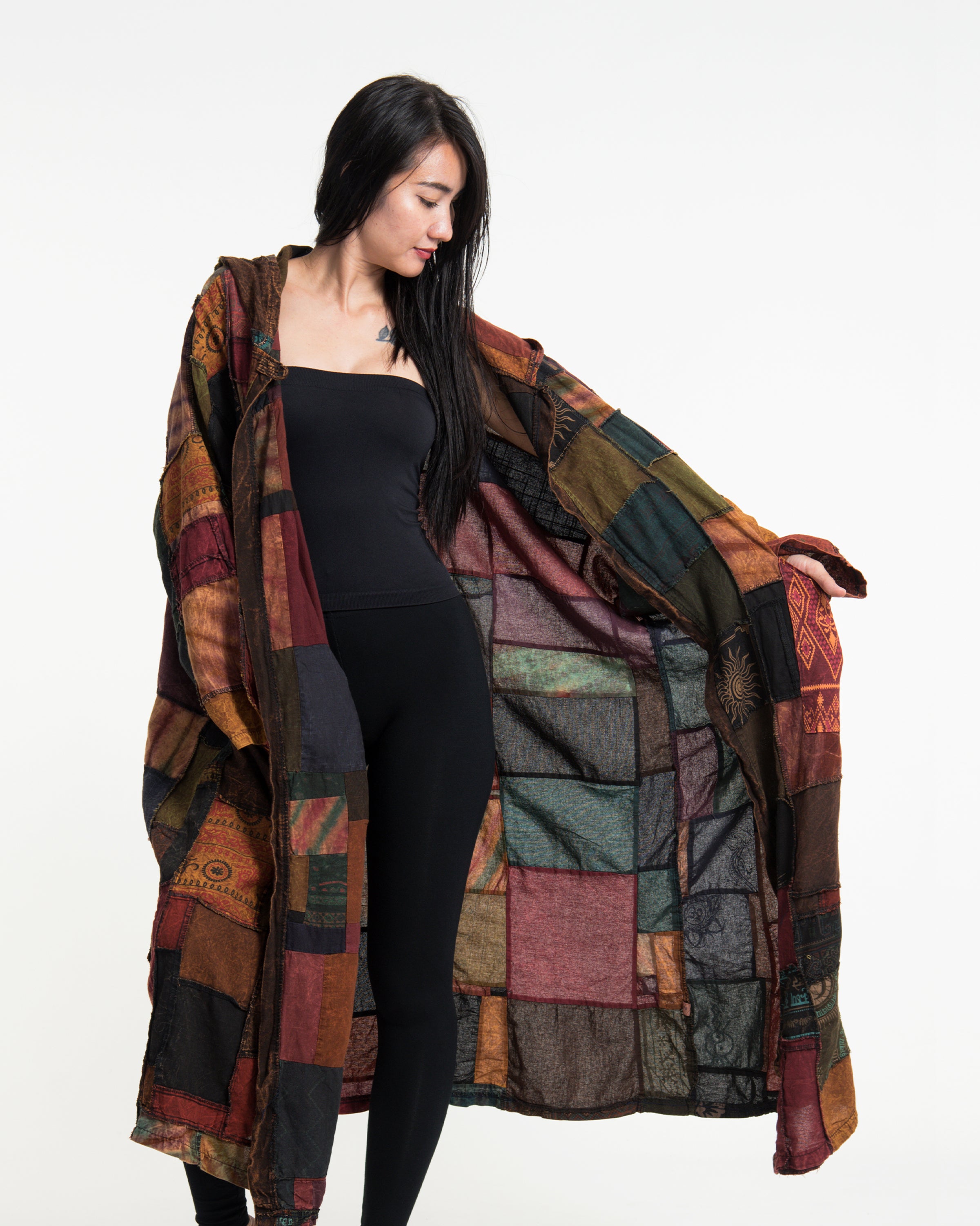 Patchwork Stonewash Hooded Long Kimono Robe in Multi Brown