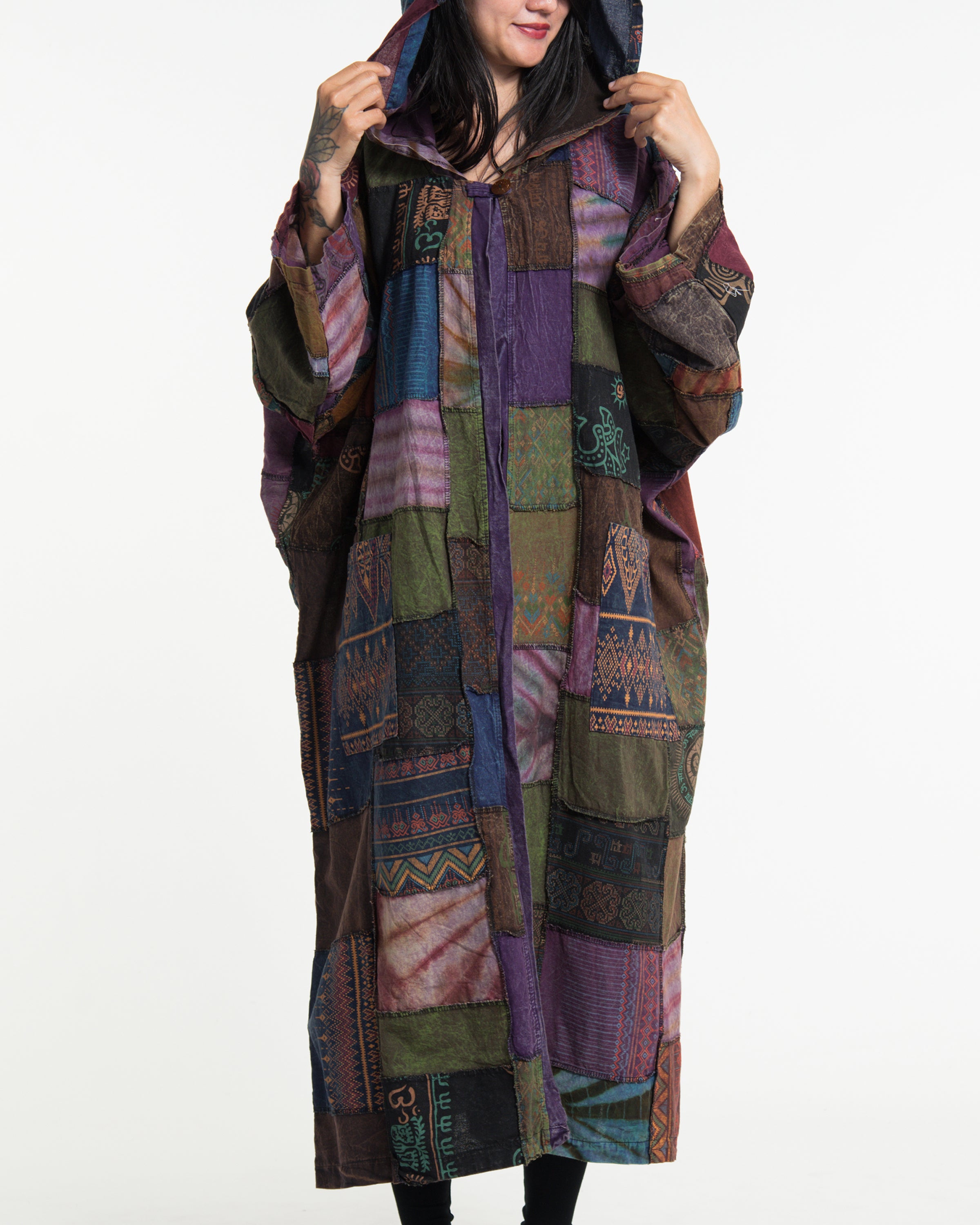 Patchwork Stonewash Hooded Long Kimono Robe in Multi Purple